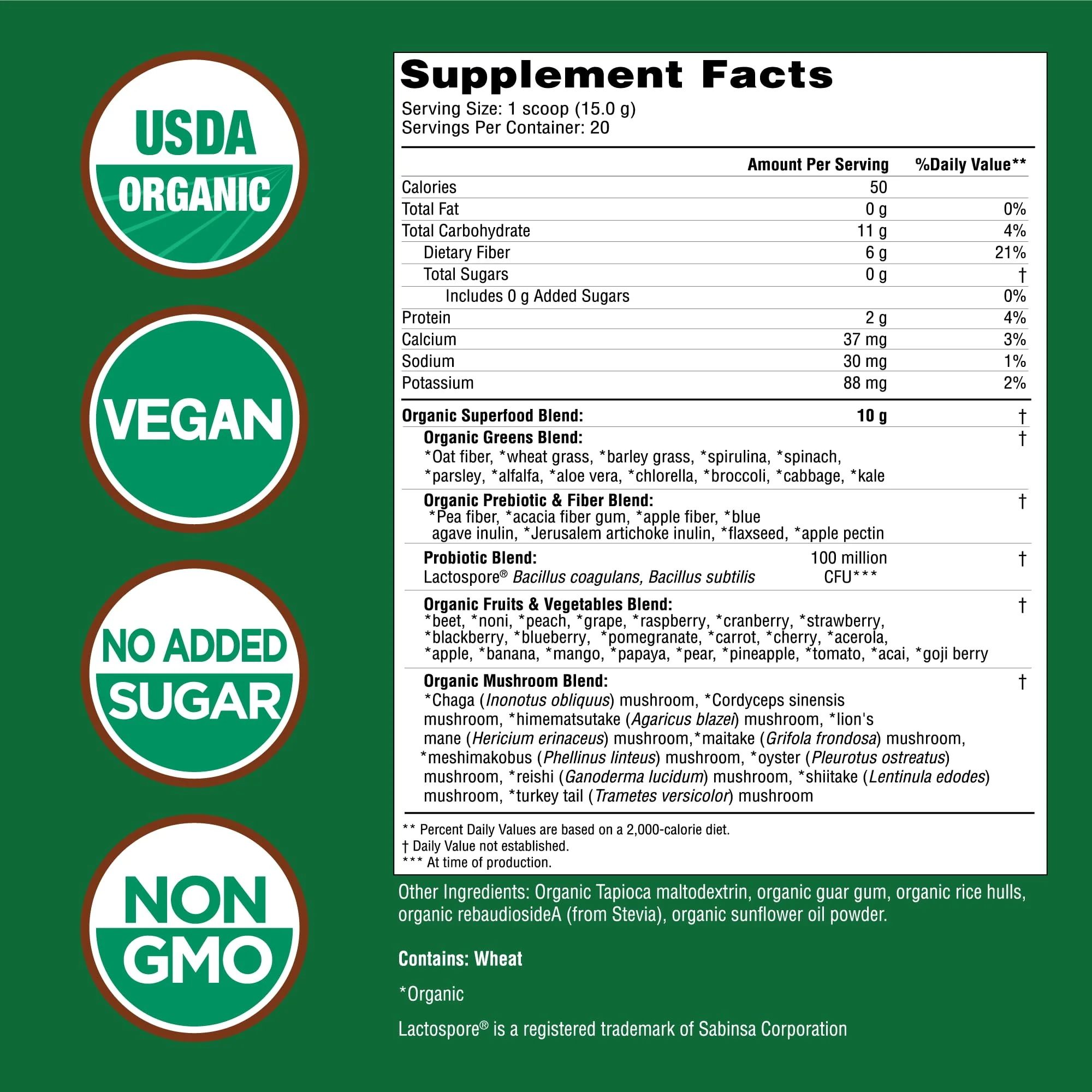 Country Farms Super Greens Natural Flavor, 50 Organic Super Foods, USDA Organic Drink Mix, Fruits, Vegetables, Super Greens, Mushrooms & Probiotics, Supports Energy, 40 Servings, 10.6 Oz, 2 Pack - Image 7