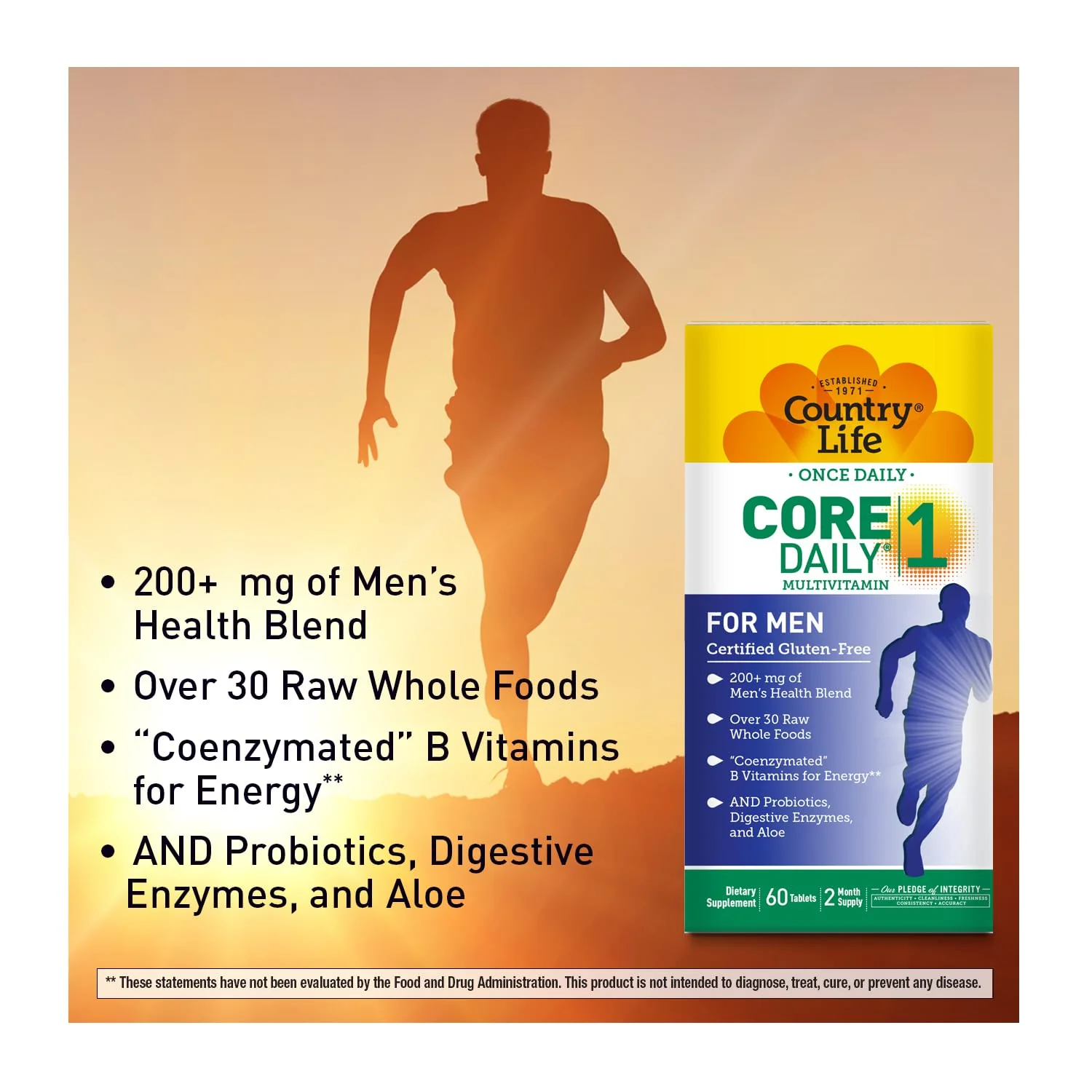 Country Life Core Daily-1 for Men - Multivitamin with Probiotics, Saw Palmetto, Pumpkin Seed Extract, and Coenzymated B Vitamins - Gluten-Free and Vegetarian - 60 Tablets - Image 5