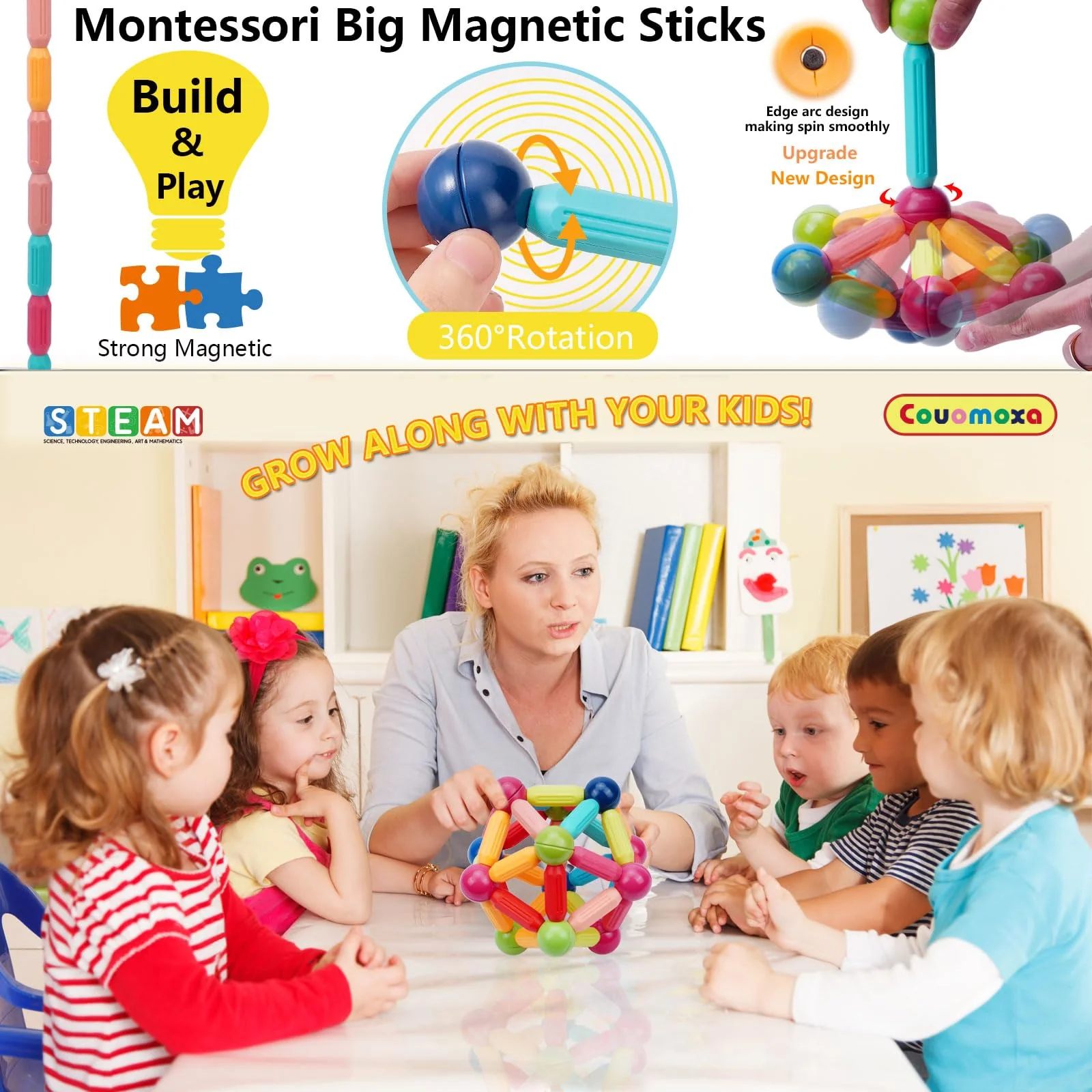 COUOMOXA Magnetic Toy Montessori for Kids: 3 4 5 6 7 8 9 10 11 12 Years Old Kids Building Sticks - Magnetic Creative Toy Age 3-12 Playroom Family - Christmas Birthday Gift for Boys Girls - Image 3