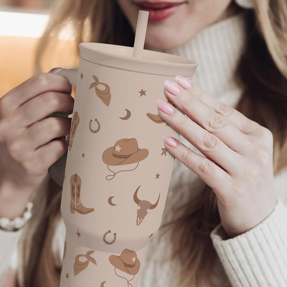 Cowgirl Tumbler 40oz for Women Girls – Stainless Steel Travel Coffee Mug Cup with Handle and Straw, Gift for Birthday Christmas - Image 2