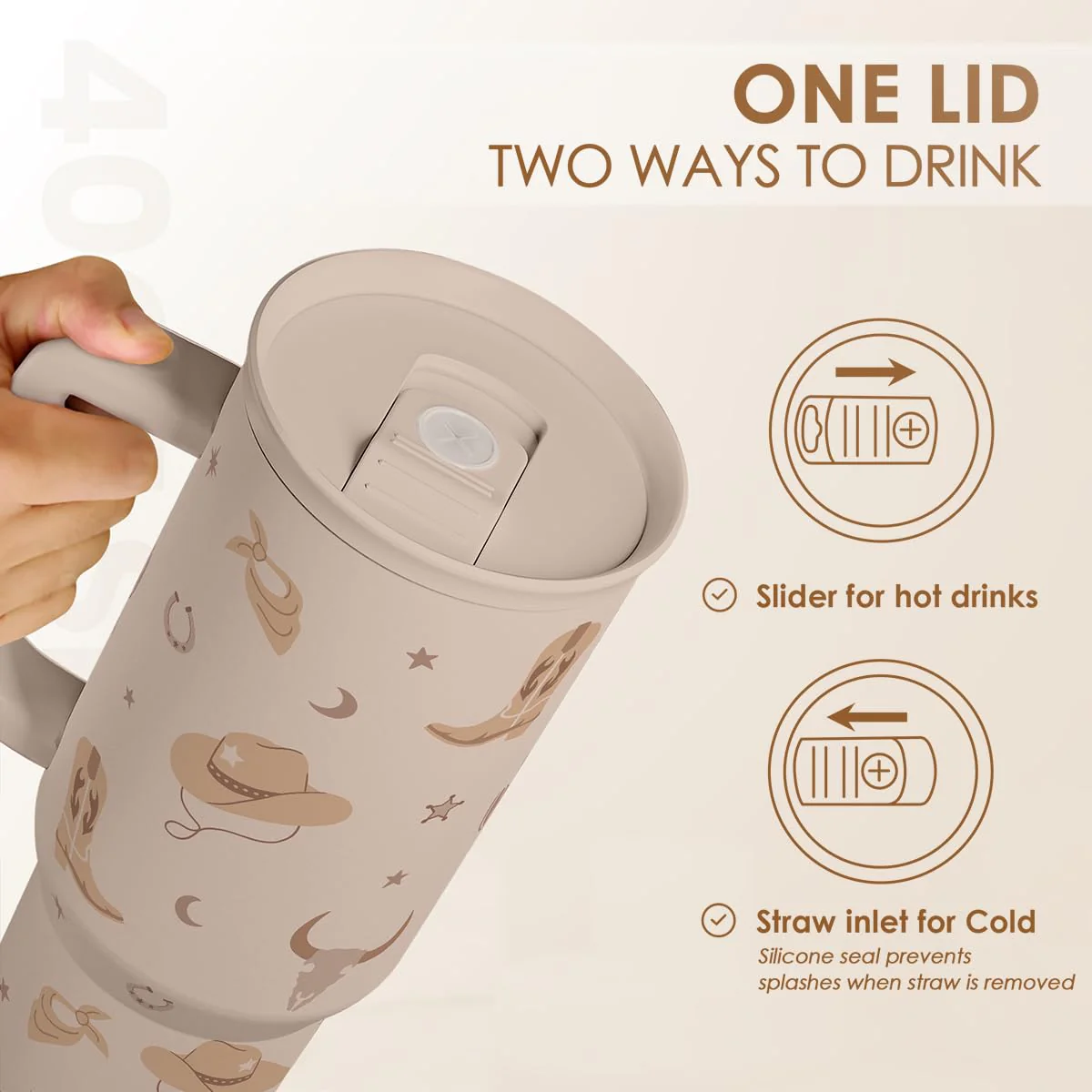 Cowgirl Tumbler 40oz for Women Girls – Stainless Steel Travel Coffee Mug Cup with Handle and Straw, Gift for Birthday Christmas - Image 3