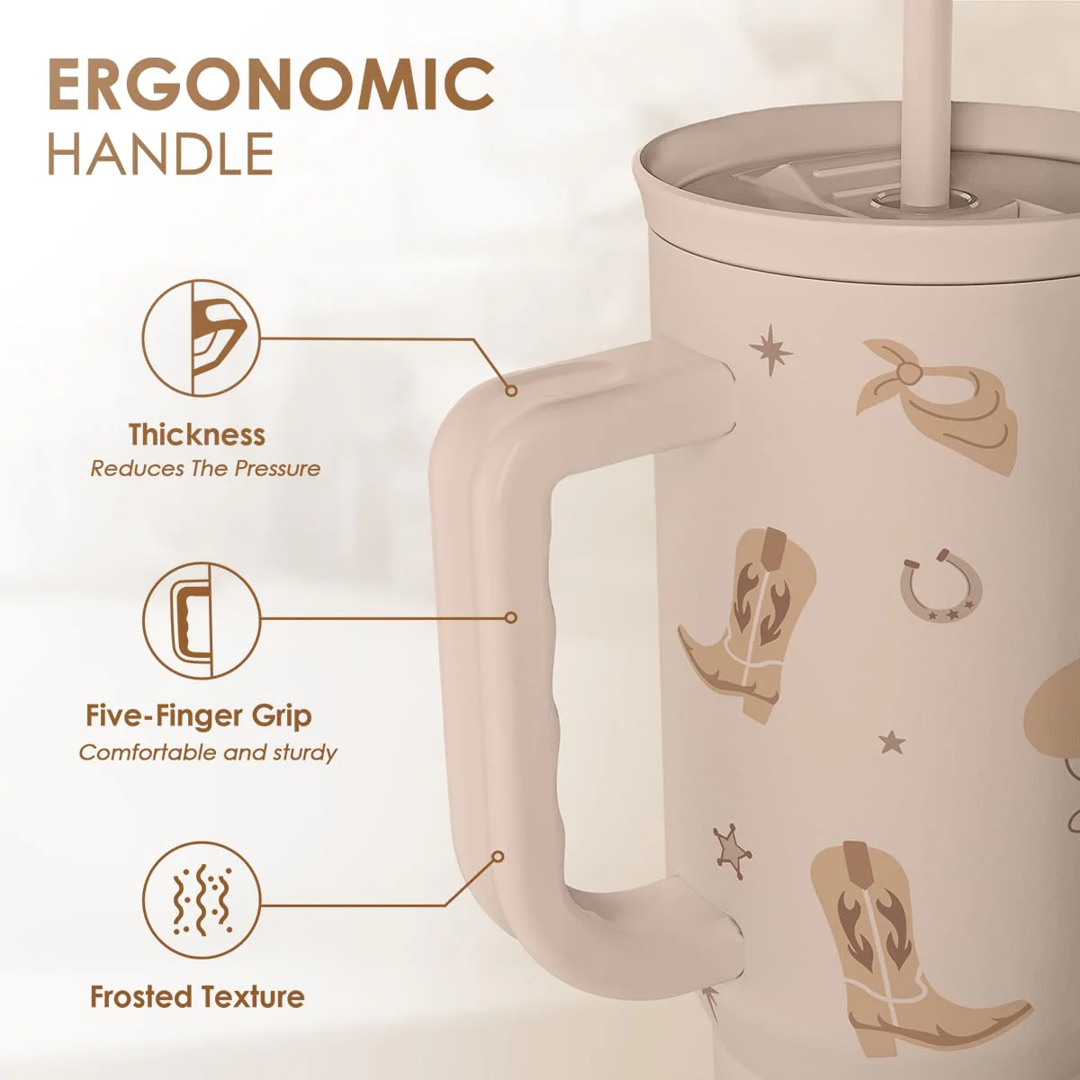 Cowgirl Tumbler 40oz for Women Girls – Stainless Steel Travel Coffee Mug Cup with Handle and Straw, Gift for Birthday Christmas - Image 5