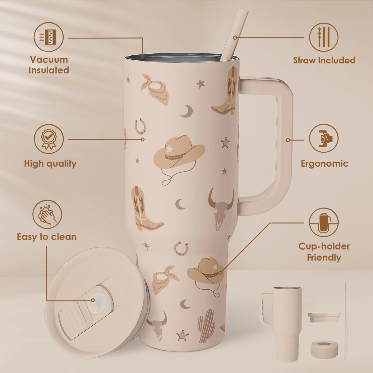 Cowgirl Tumbler 40oz for Women Girls – Stainless Steel Travel Coffee Mug Cup with Handle and Straw, Gift for Birthday Christmas - Image 6