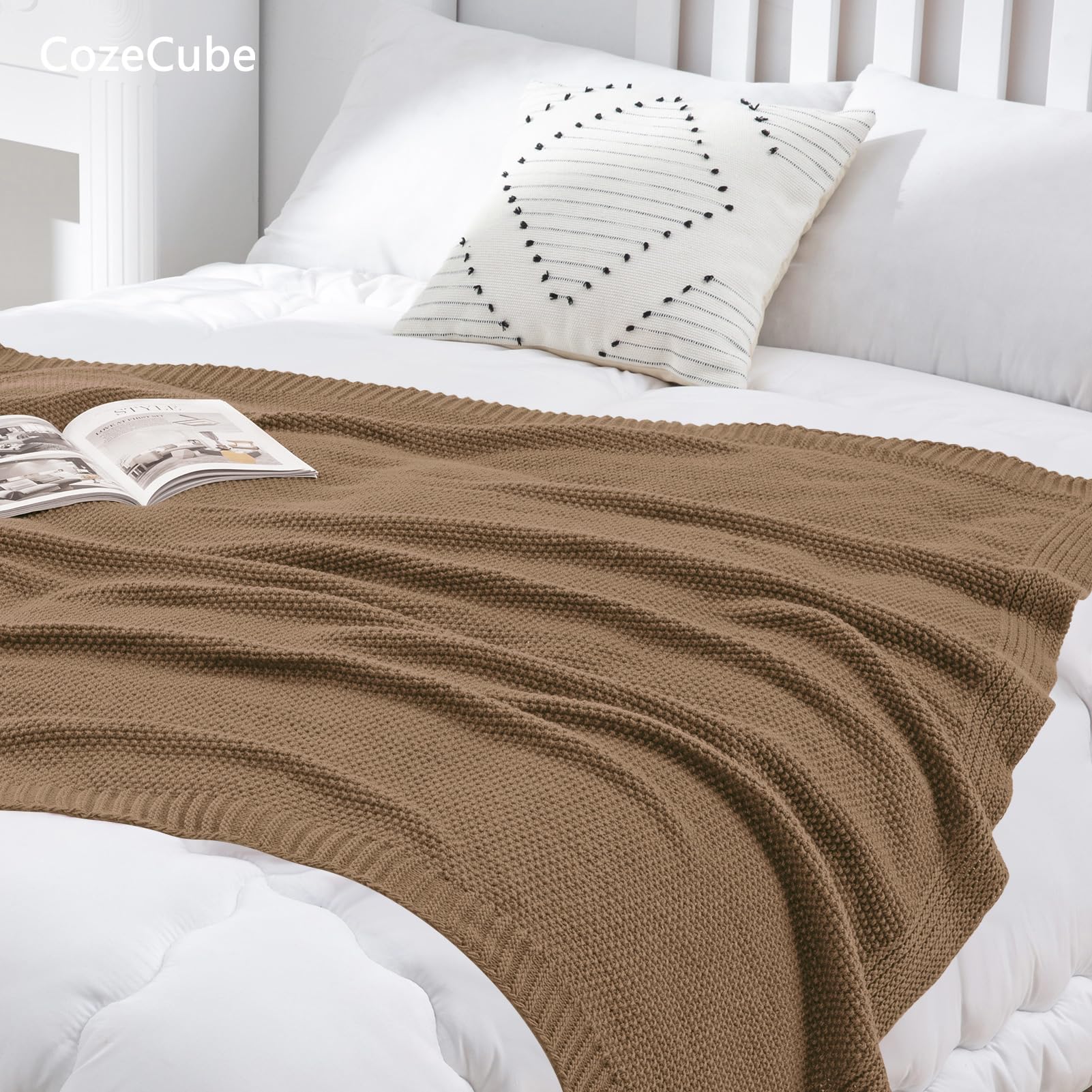 CozeCube Caramel Brown Throw Blanket for Couch, Soft Cozy Cable Knit Throw for Bed Sofa Living Room, Lightweight Warm Decorative Farmhouse Christmas Blanket, 50"x60", Light Brown - Image 5