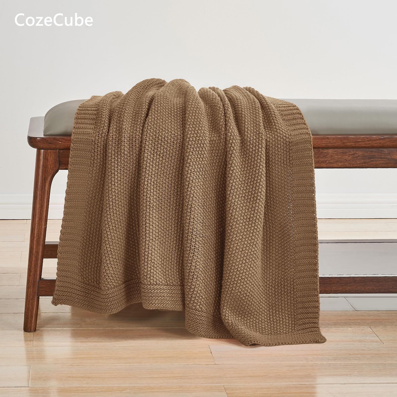 CozeCube Caramel Brown Throw Blanket for Couch, Soft Cozy Cable Knit Throw for Bed Sofa Living Room, Lightweight Warm Decorative Farmhouse Christmas Blanket, 50"x60", Light Brown - Image 6