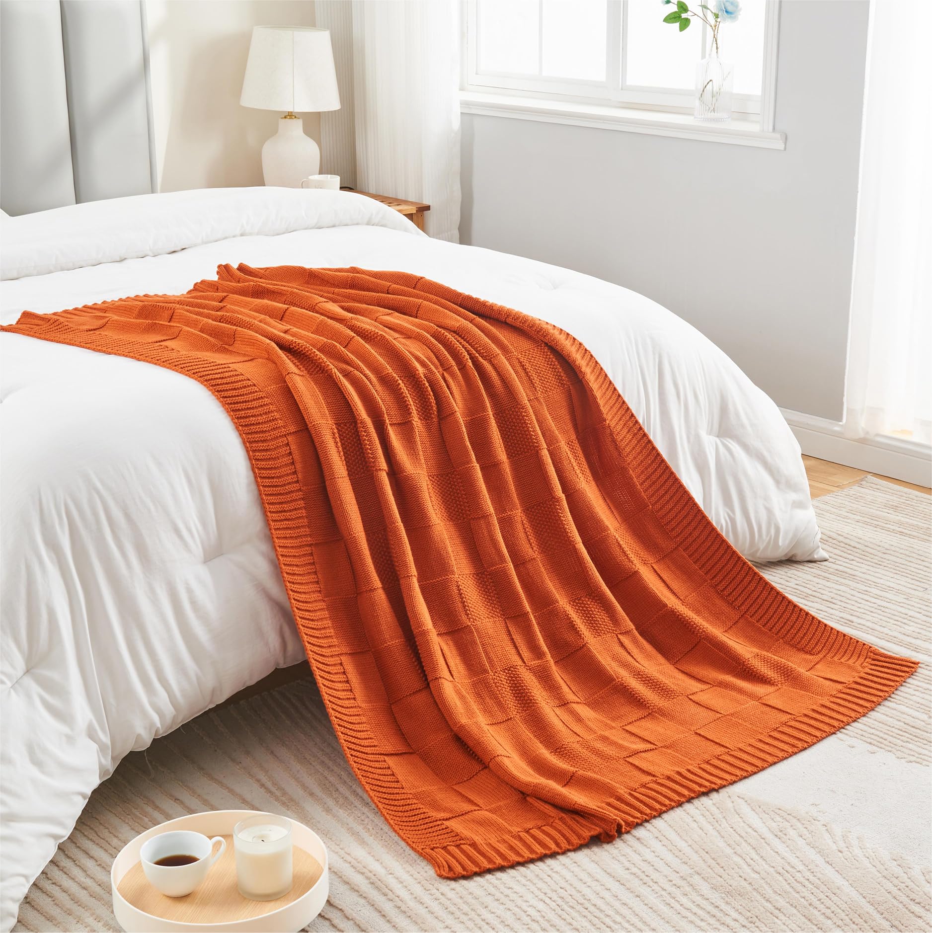 CozeCube Check Knit Throw Blanket, Rust Orange Checkered Throw for Couch, Decorative Christmas Soft Cozy Warm Knitted Blanket for Bed Sofa Living Room, 50"X60" - Image 4