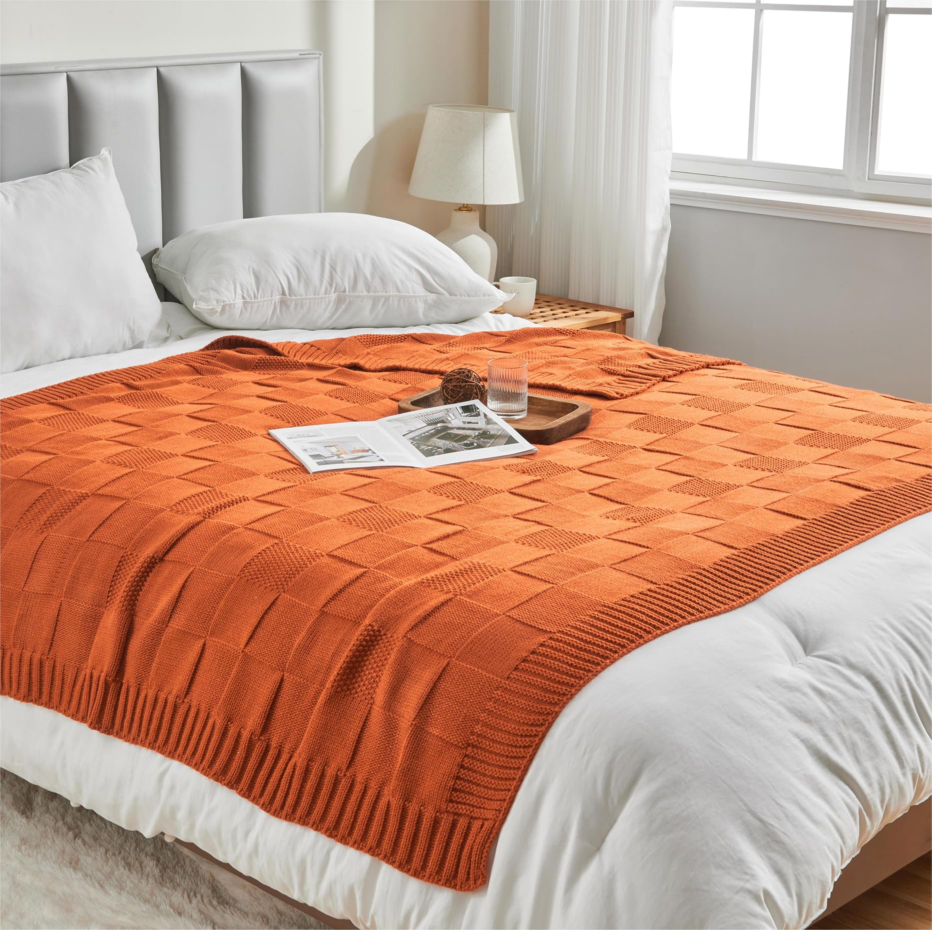 CozeCube Check Knit Throw Blanket, Rust Orange Checkered Throw for Couch, Decorative Christmas Soft Cozy Warm Knitted Blanket for Bed Sofa Living Room, 50"X60" - Image 5