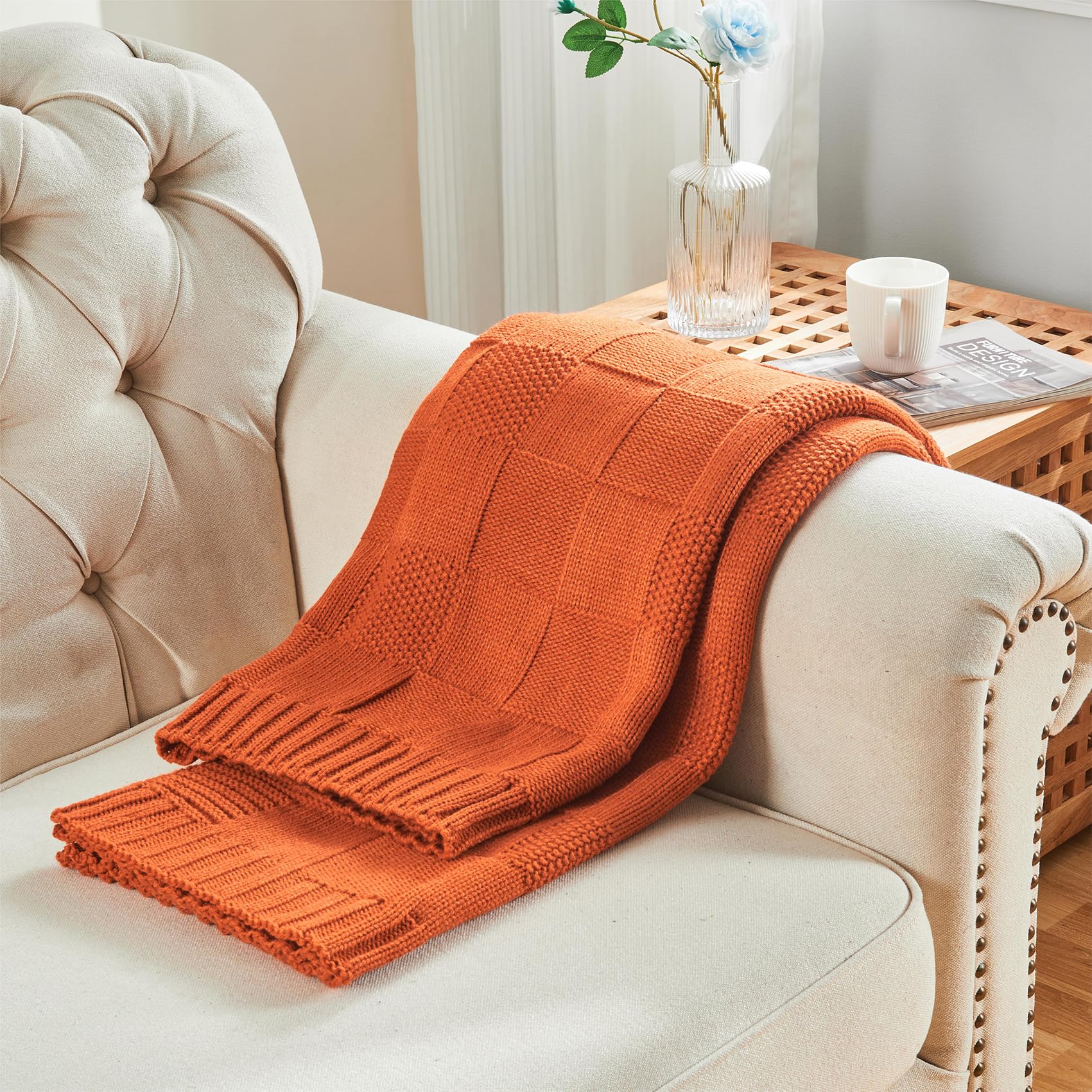 CozeCube Check Knit Throw Blanket, Rust Orange Checkered Throw for Couch, Decorative Christmas Soft Cozy Warm Knitted Blanket for Bed Sofa Living Room, 50"X60" - Image 6