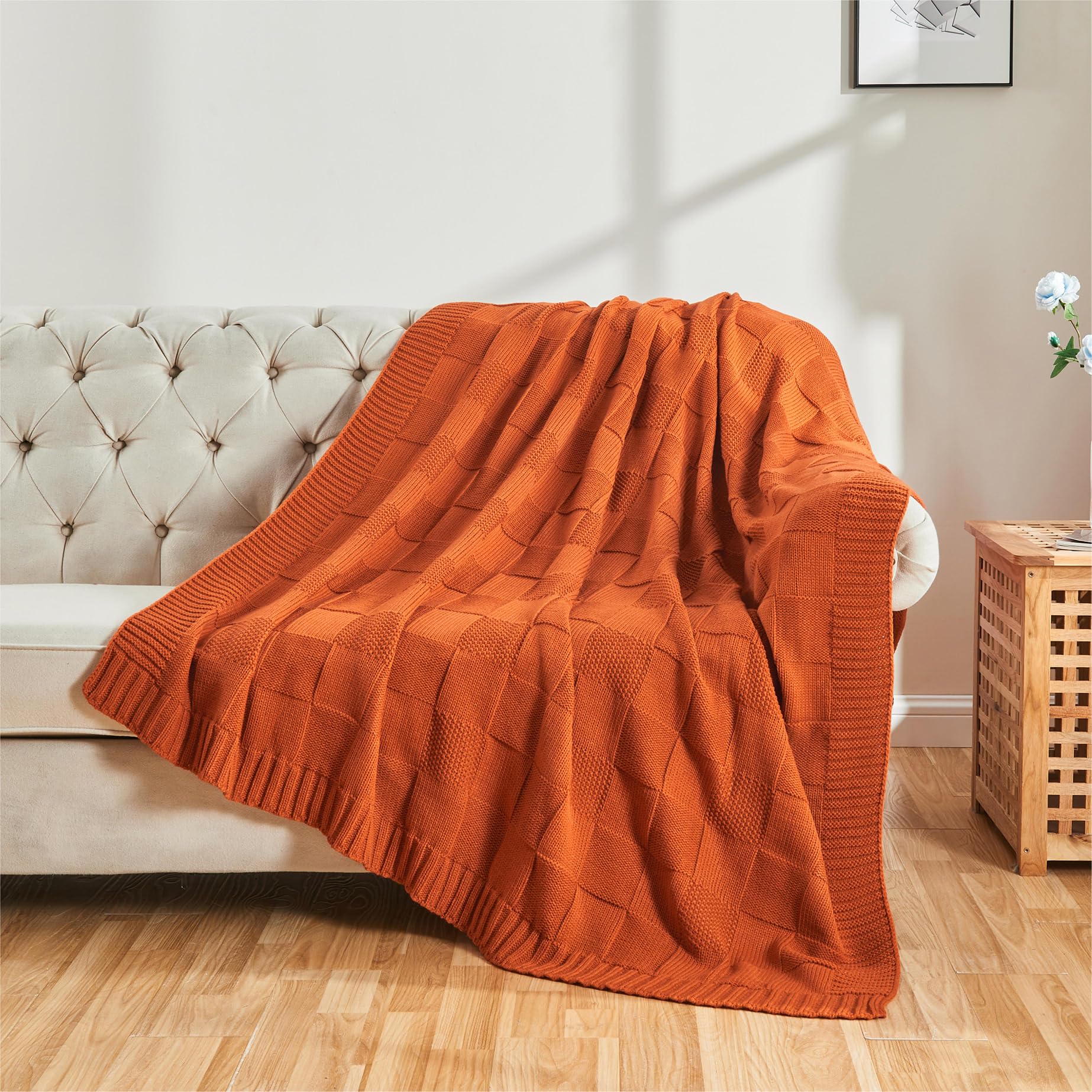 CozeCube Check Knit Throw Blanket, Rust Orange Checkered Throw for Couch, Decorative Christmas Soft Cozy Warm Knitted Blanket for Bed Sofa Living Room, 50"X60" - Image 7