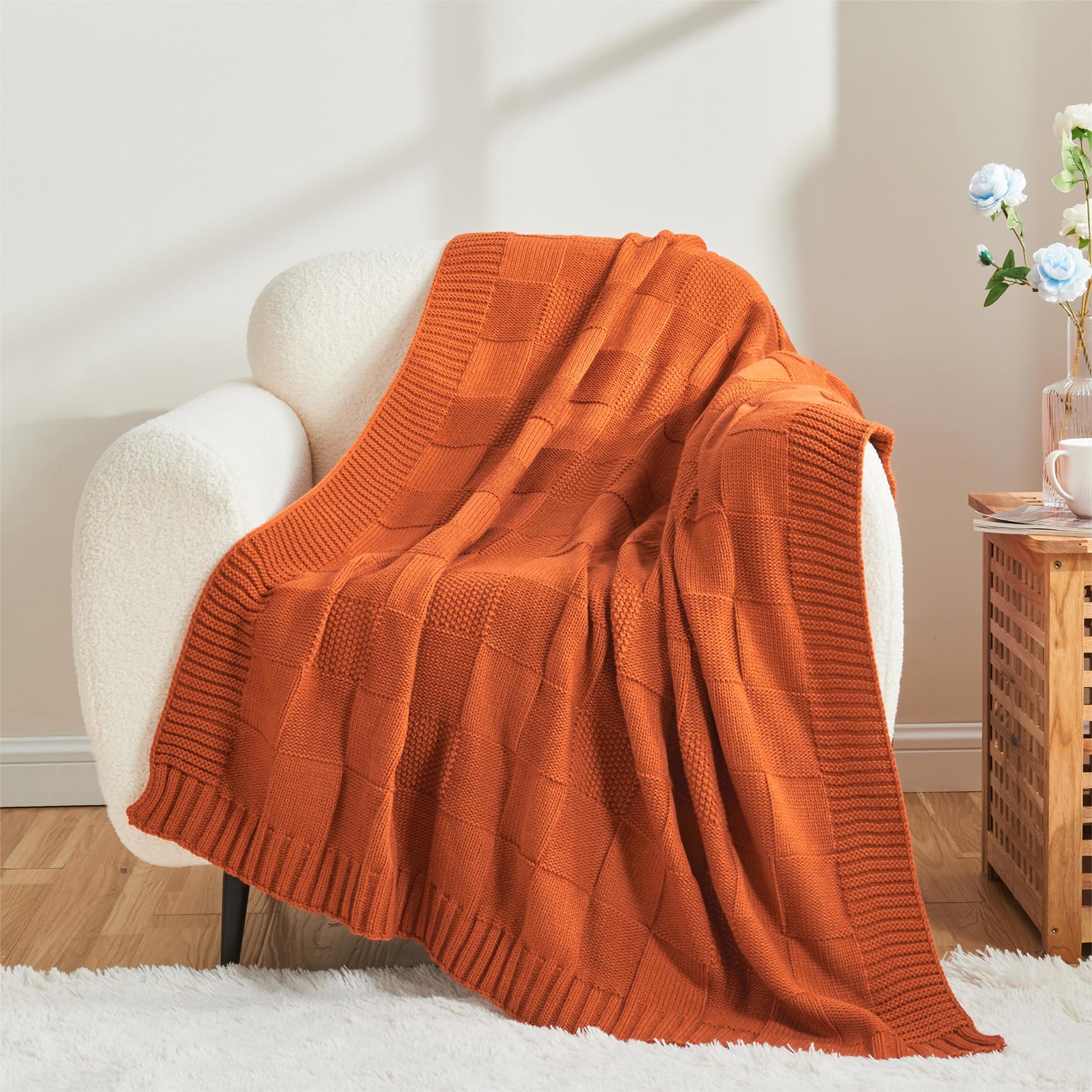 CozeCube Check Knit Throw Blanket, Rust Orange Checkered Throw for Couch, Decorative Christmas Soft Cozy Warm Knitted Blanket for Bed Sofa Living Room, 50"X60" - Image 8