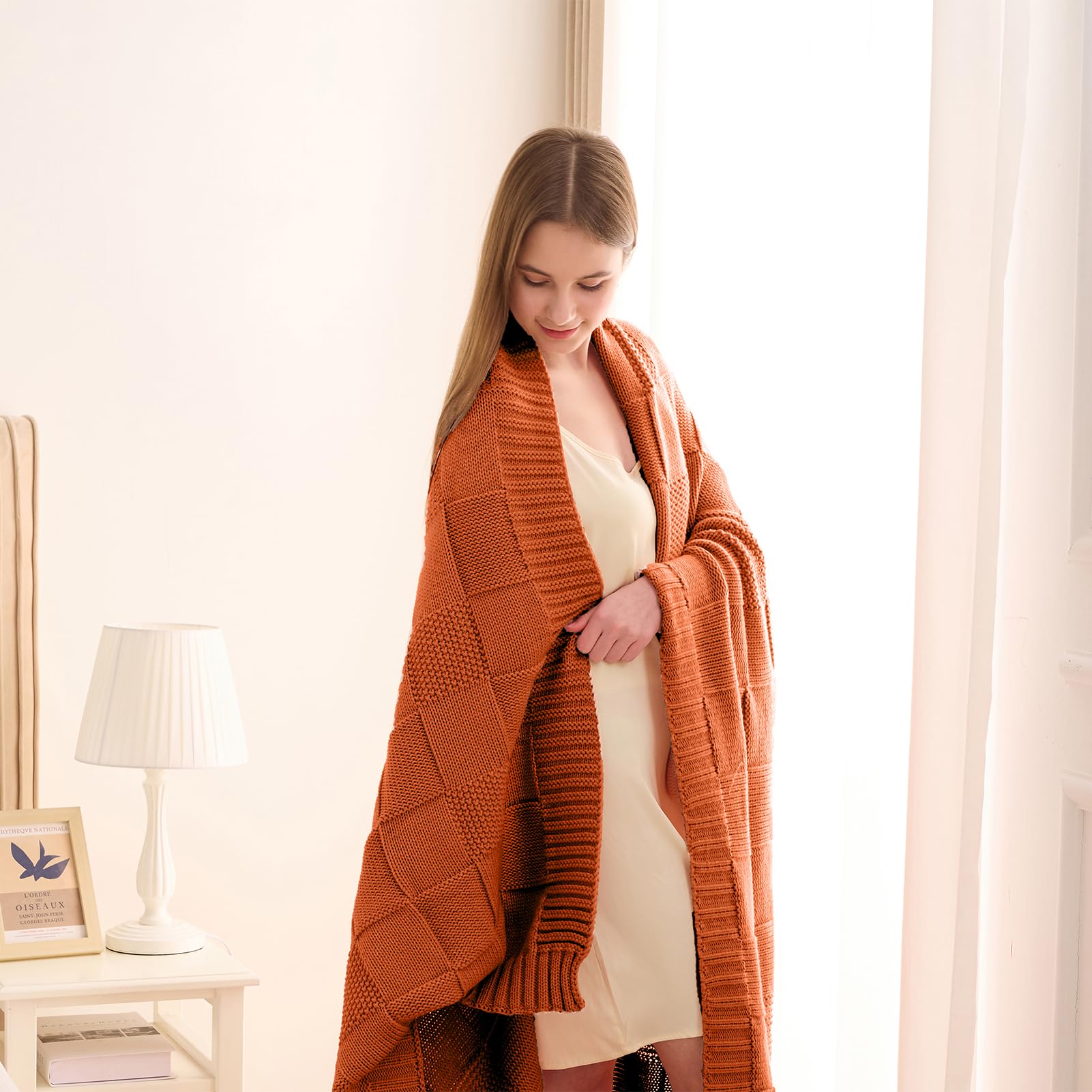 CozeCube Check Knit Throw Blanket, Rust Orange Checkered Throw for Couch, Decorative Christmas Soft Cozy Warm Knitted Blanket for Bed Sofa Living Room, 50"X60" - Image 9