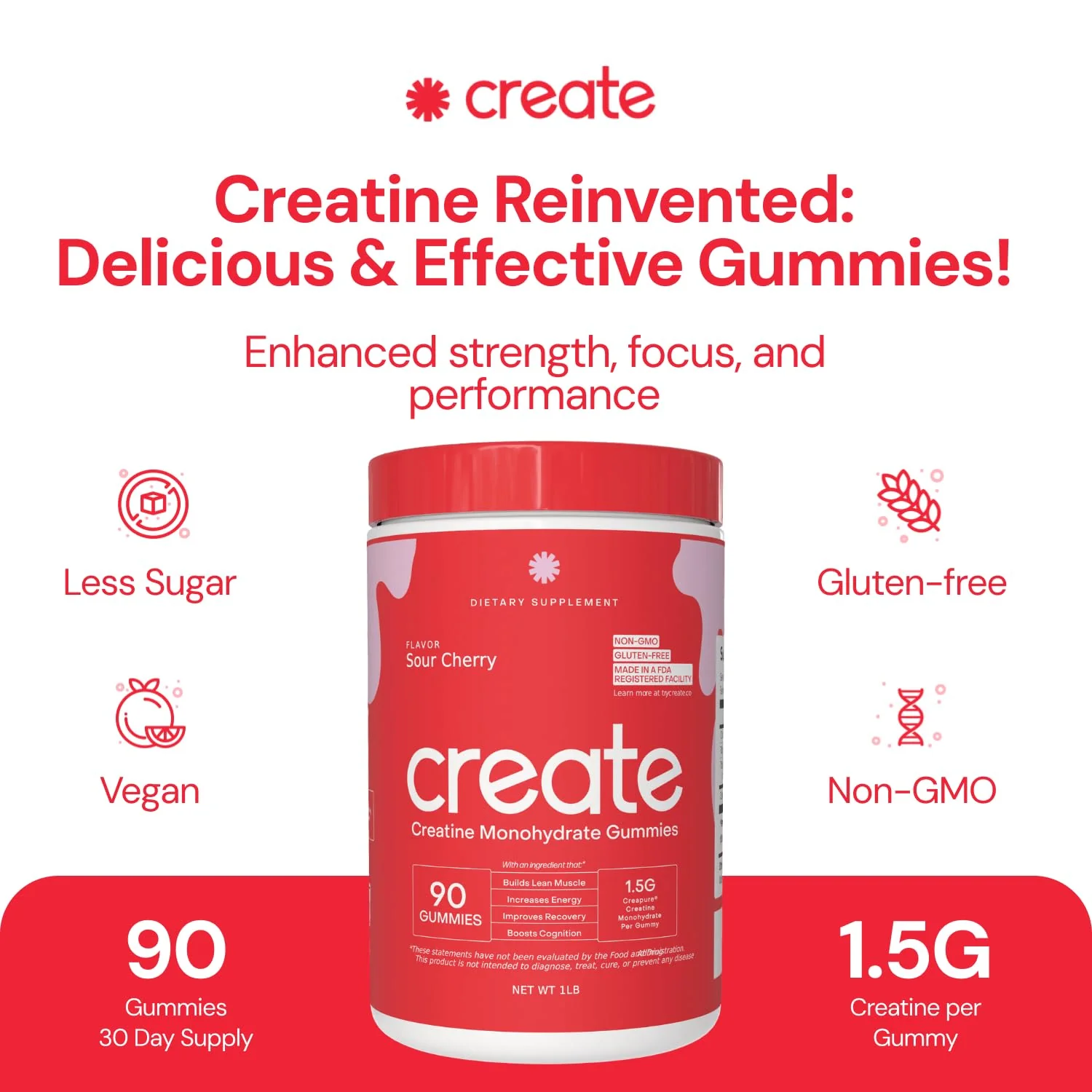 Create Creatine Monohydrate Gummies for Men & Women | 1.5g Creatine per Gummy for Muscle Strength, Endurance, Recovery, & Focus | Vegan, Non-GMO, Gluten-Free | Premium Sour Cherry Flavor | 90 Count - Image 9