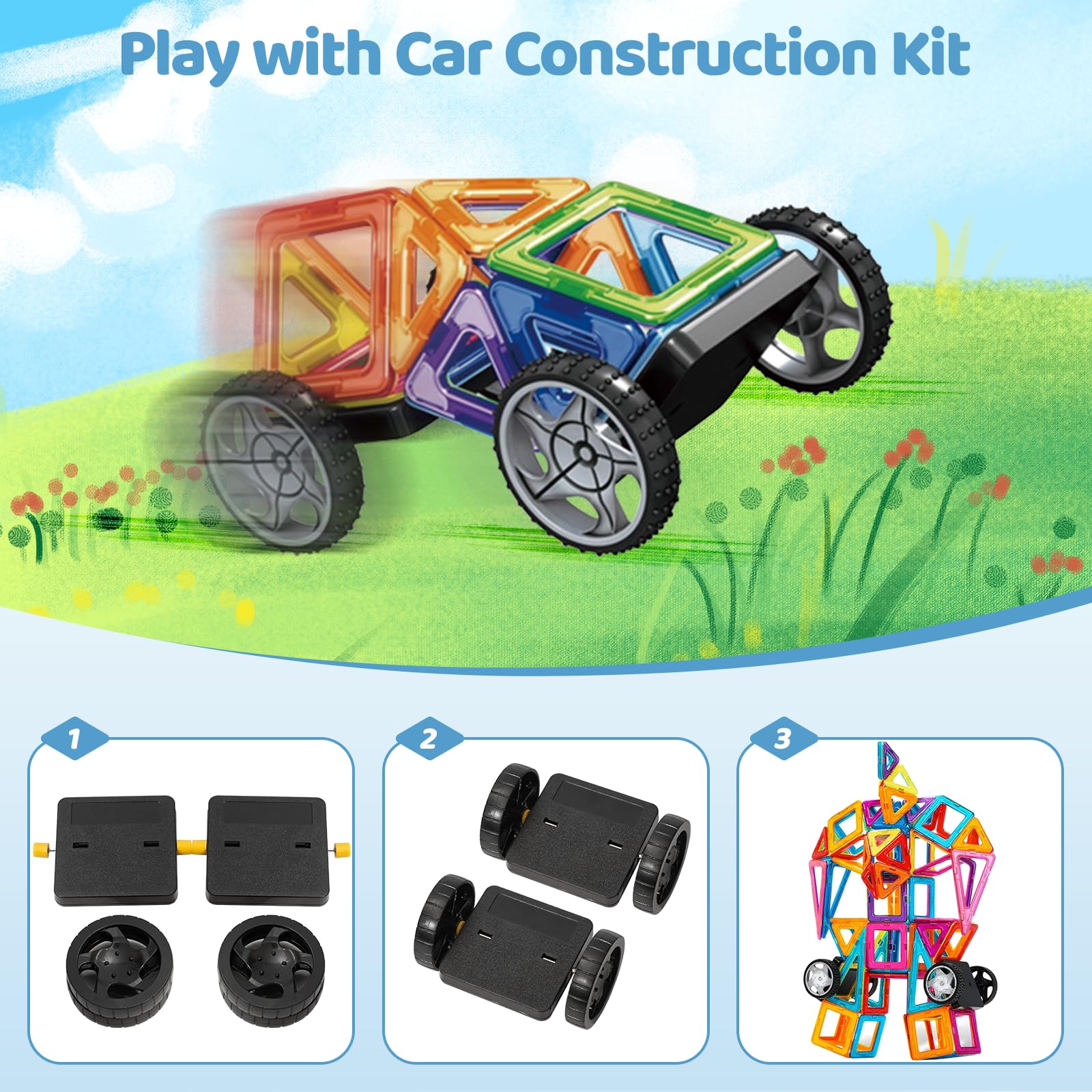 Crenova Magnetic Tiles with 2 Car Wheel Sets for Ages 3+ Boys & Girls, 60-Piece STEM Educational Toy, for Birthday Christmas - Image 8