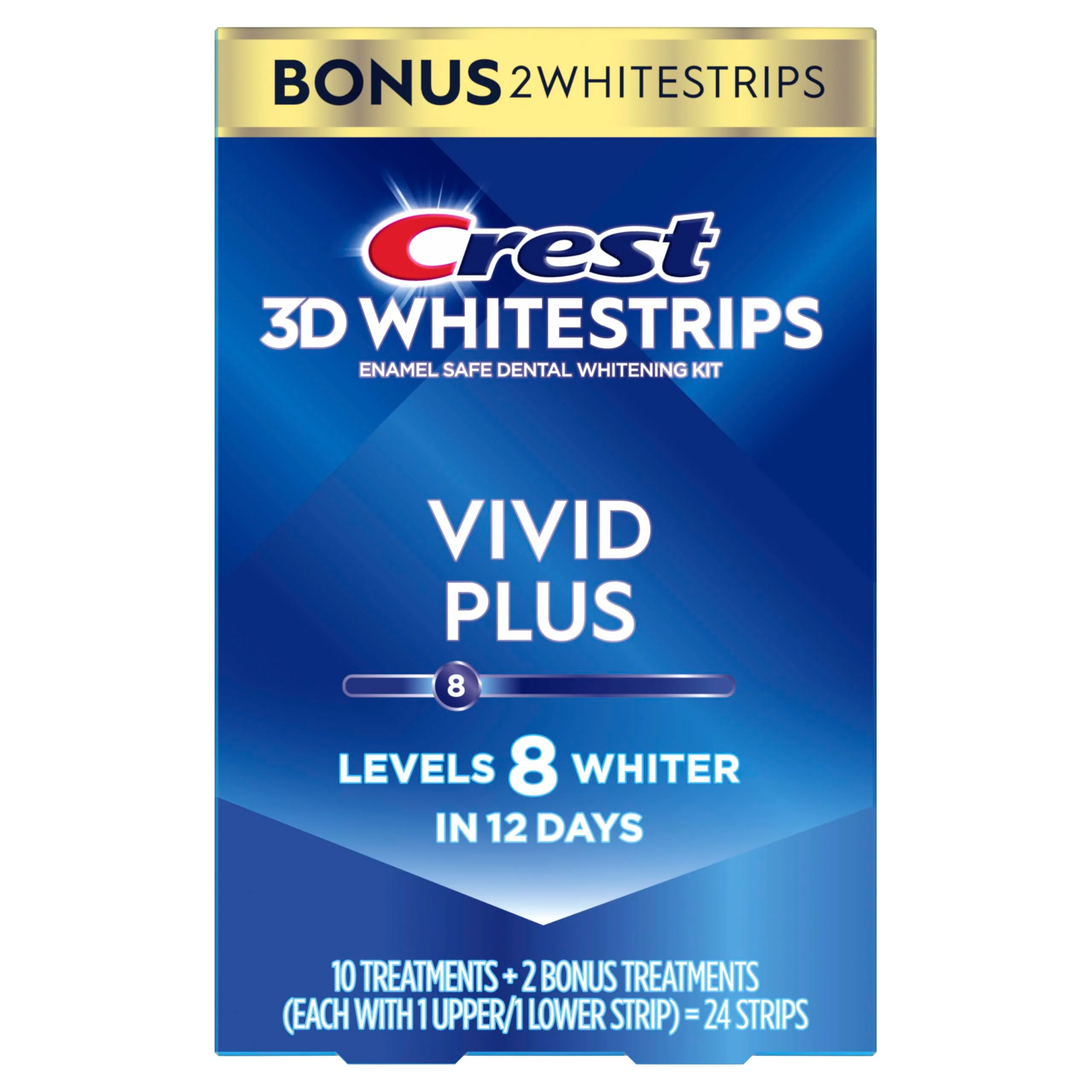 Crest 3D Whitestrips Vivid Plus, Teeth Whitening Strip Kit, 10 Treatments + 2 Bonus Treatments (Each with 1 Upper/1 Lower Strip), 24 Strips, 8 Levels Whiter, Teeth Whitening Kit - Image 3