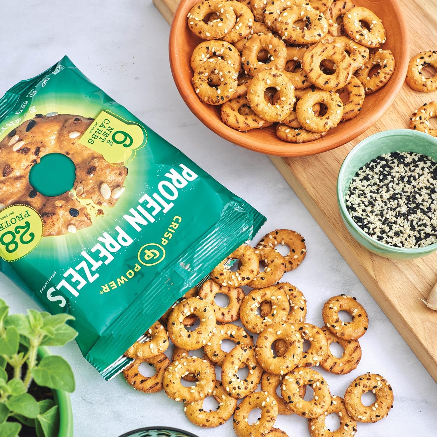 Crisp Power Protein Pretzels, Everything, High Protein Vegan Keto Snack, 28 G Plant Based Protein, Low Carb Crunchy Pretzel Snacks, Sugar Free, No Seed Oils, 1.75 oz Bags, 24 Pack - Image 3