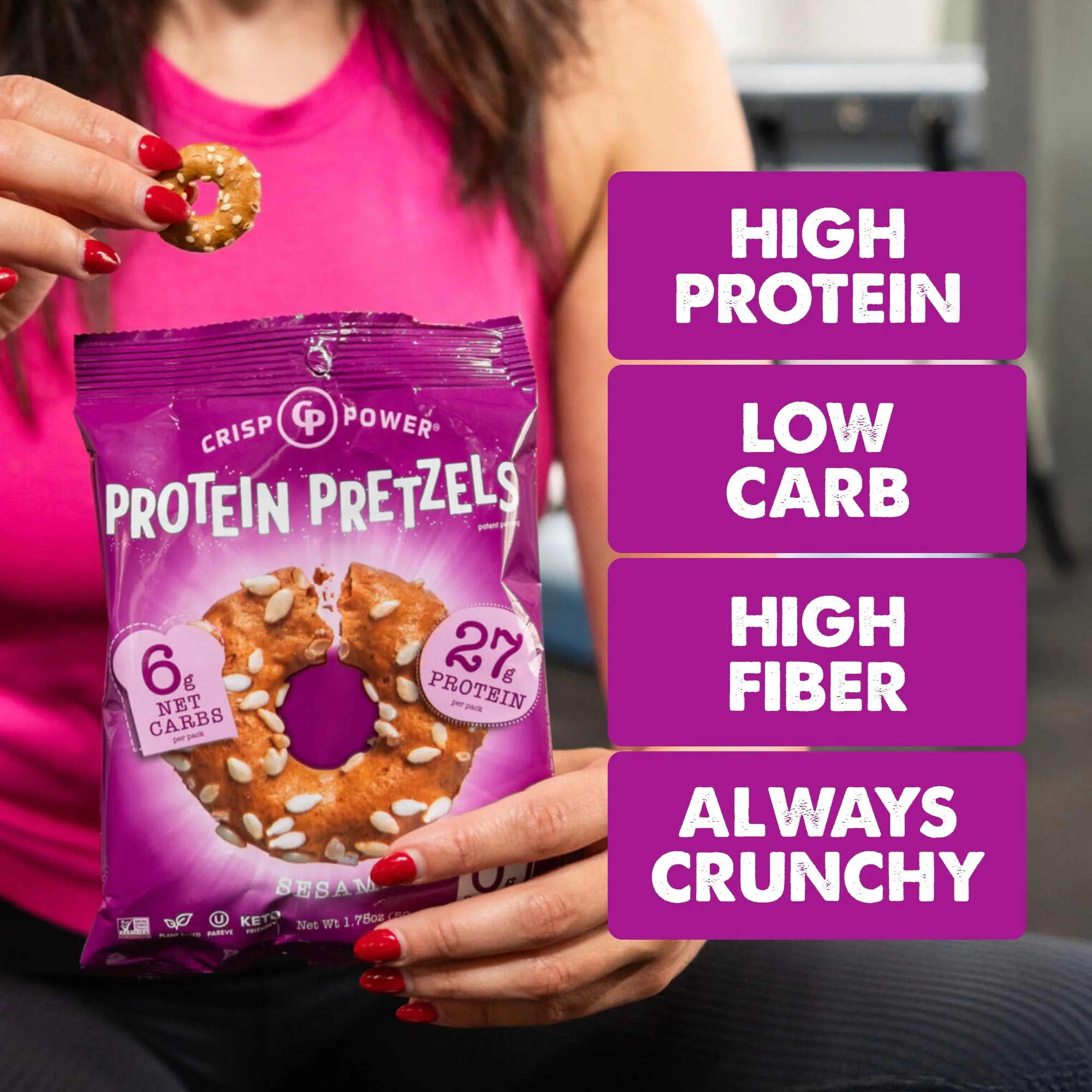 Crisp Power Protein Pretzels, Sesame, High Protein Vegan Keto Snack, 27 G Plant Based Protein, Low Carb Crunchy Pretzel Snacks, Sugar Free, No Seed Oils, 1.75 oz Bags, 6 Pack - Image 5