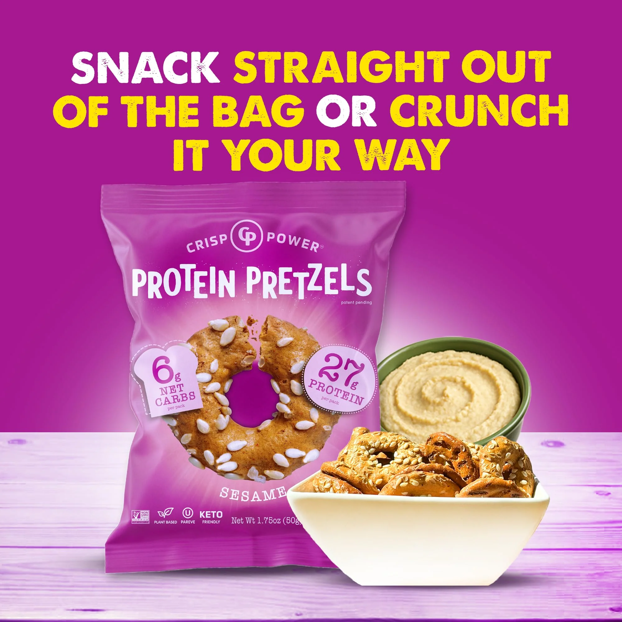 Crisp Power Protein Pretzels, Variety Pack With Sea Salt, Sesame, & Everything, Vegan Keto Snack, Plant Based Protein, Low Carb Crunchy Pretzel Snacks, Sugar Free, No Seed Oils, 1.75 Oz Bags, 24 Pack - Image 3