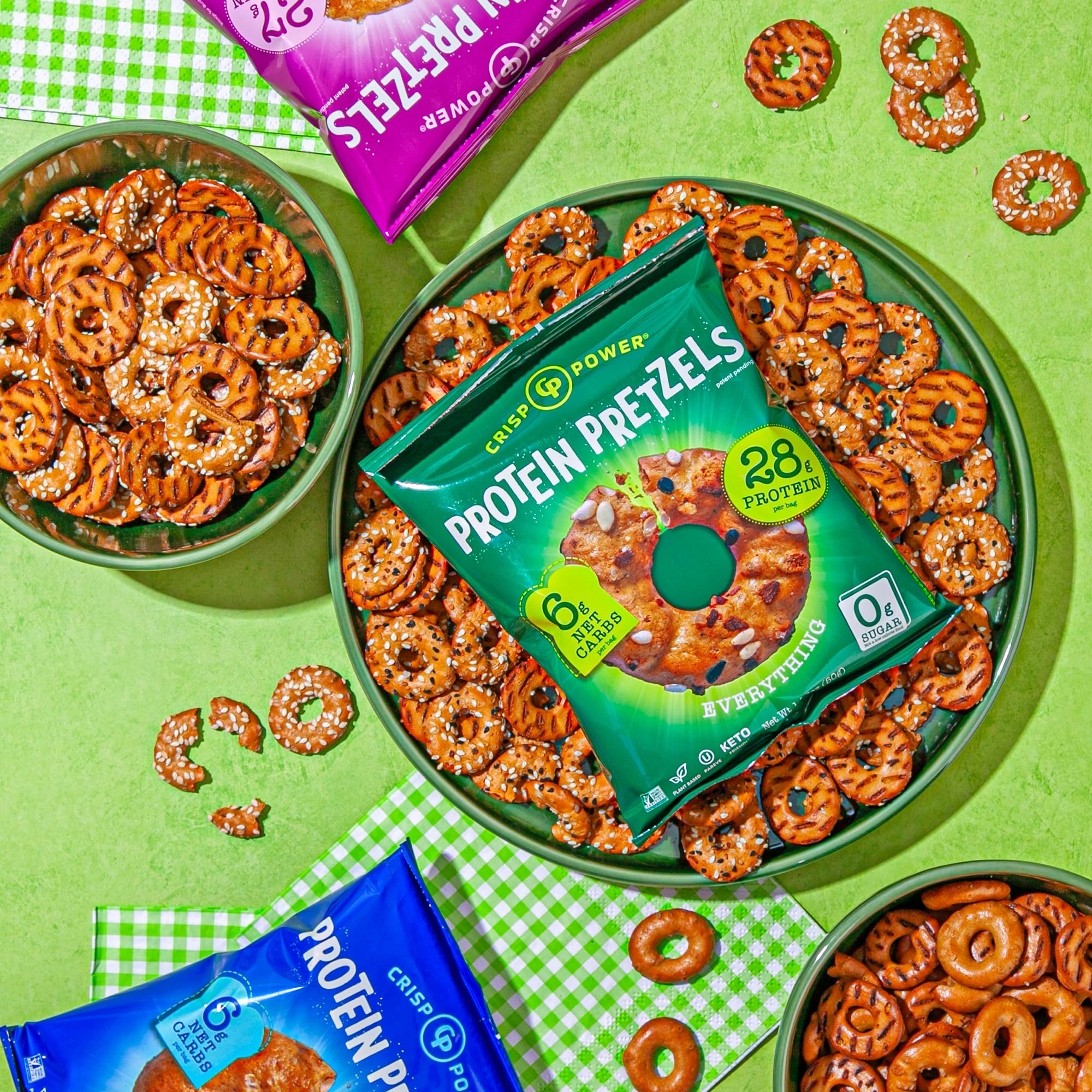 Crisp Power Protein Pretzels, Variety Pack With Sea Salt, Sesame, & Everything, Vegan Keto Snack, Plant Based Protein, Low Carb Crunchy Pretzel Snacks, Sugar Free, No Seed Oils, 1.75 Oz Bags, 6 Pack - Image 2