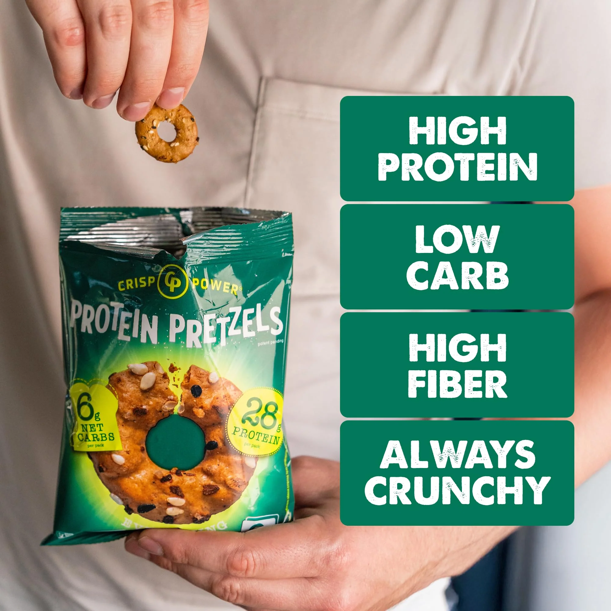 Crisp Power Protein Pretzels, Variety Pack With Sea Salt, Sesame, & Everything, Vegan Keto Snack, Plant Based Protein, Low Carb Crunchy Pretzel Snacks, Sugar Free, No Seed Oils, 1.75 Oz Bags, 6 Pack - Image 5
