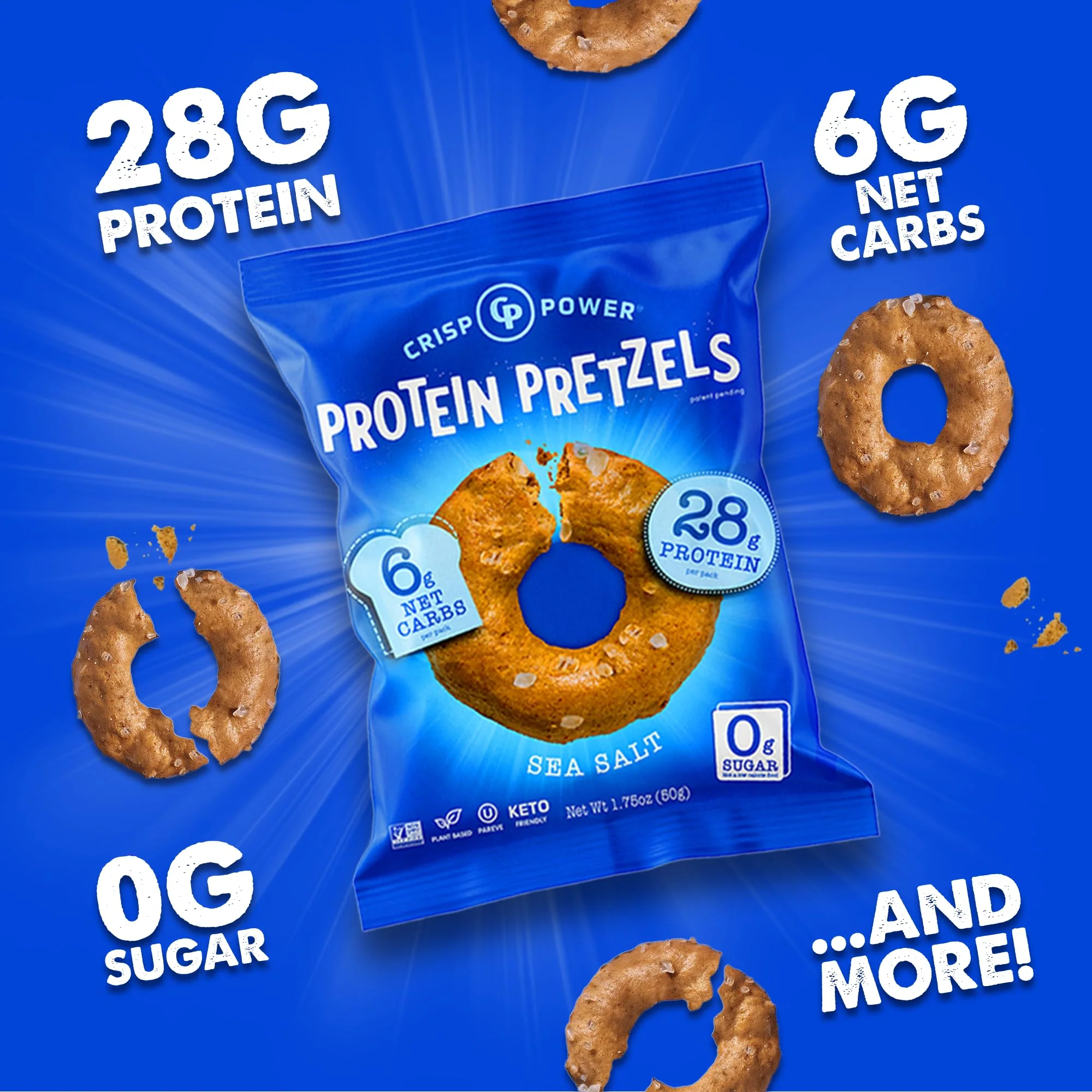 Crisp Power Protein Pretzels, Variety Pack With Sea Salt, Sesame, & Everything, Vegan Keto Snack, Plant Based Protein, Low Carb Crunchy Pretzel Snacks, Sugar Free, No Seed Oils, 1.75 Oz Bags, 6 Pack - Image 6