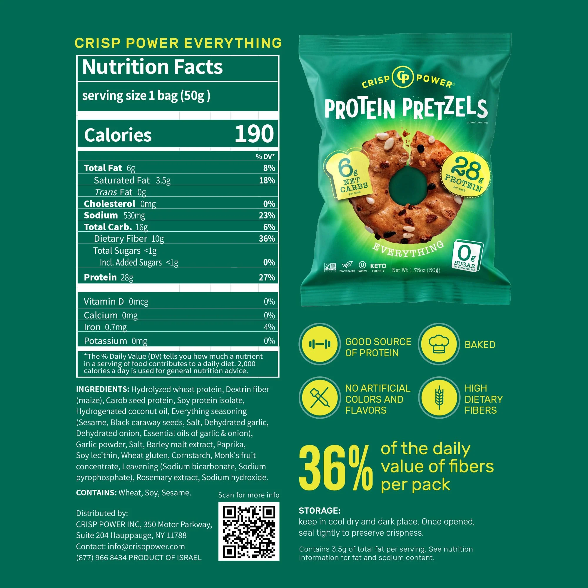 Crisp Power Protein Pretzels, Variety Pack With Sea Salt, Sesame, & Everything, Vegan Keto Snack, Plant Based Protein, Low Carb Crunchy Pretzel Snacks, Sugar Free, No Seed Oils, 1.75 Oz Bags, 6 Pack - Image 7