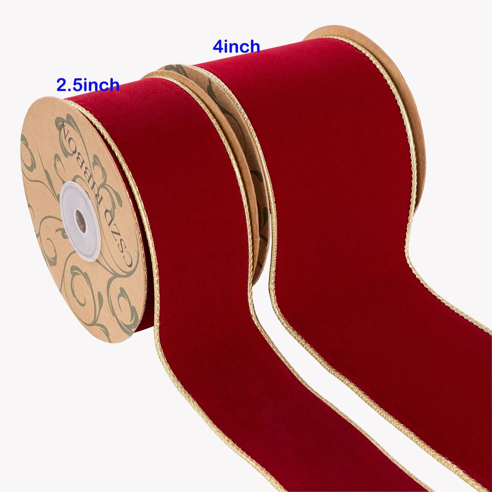 CSZD RIBBON Dark Red Velvet Christmas Wired Ribbon 4inch Wide*10Y Red and Gold Double Sided Velvet Ribbon for Christmas Tree Wreaths Gift Wrapping Bows Gralands Home Decor Crafts (Dark red) - Image 6