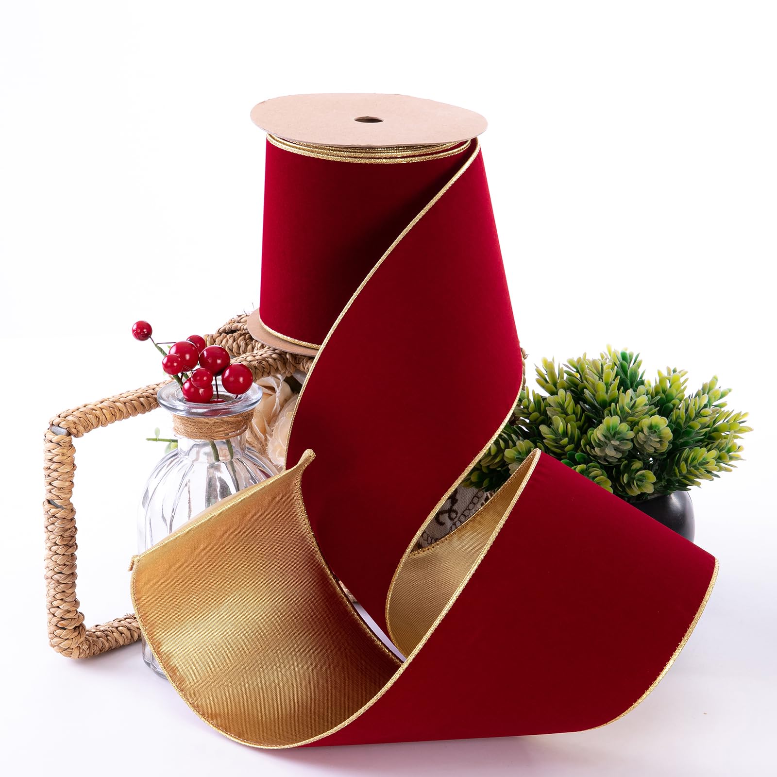 CSZD RIBBON Dark Red Velvet Christmas Wired Ribbon 4inch Wide*10Y Red and Gold Double Sided Velvet Ribbon for Christmas Tree Wreaths Gift Wrapping Bows Gralands Home Decor Crafts (Dark red) - Image 7