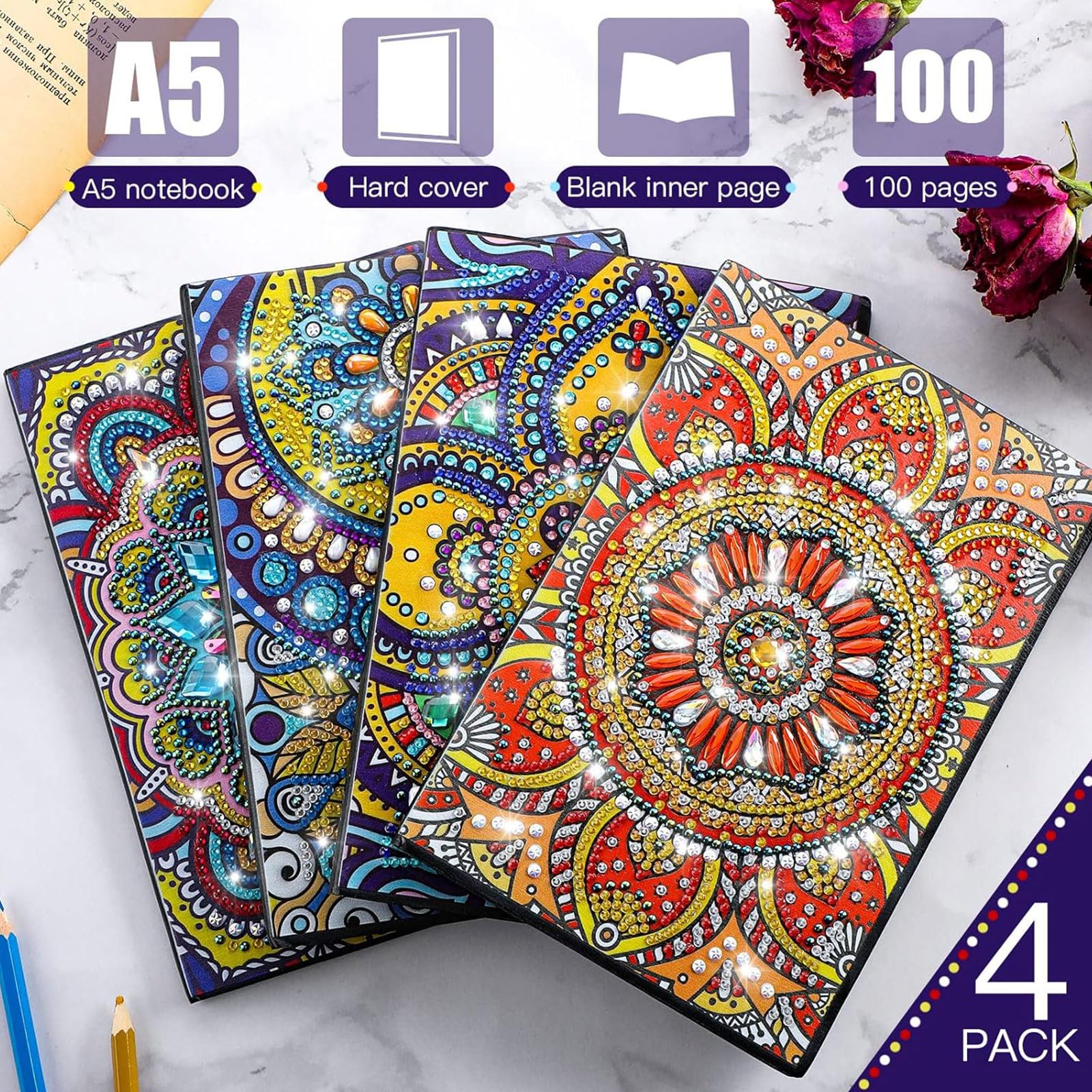 Ctosree 4 Pcs Diamond Art Notebook Kits for Adults 8.3'' x 5.7'' 5d Leather Painting Journals DIY Mandala Flower Gem Dots Sketchbook Craft for Men Women Birthday Gift Christmas with Tools - Image 3