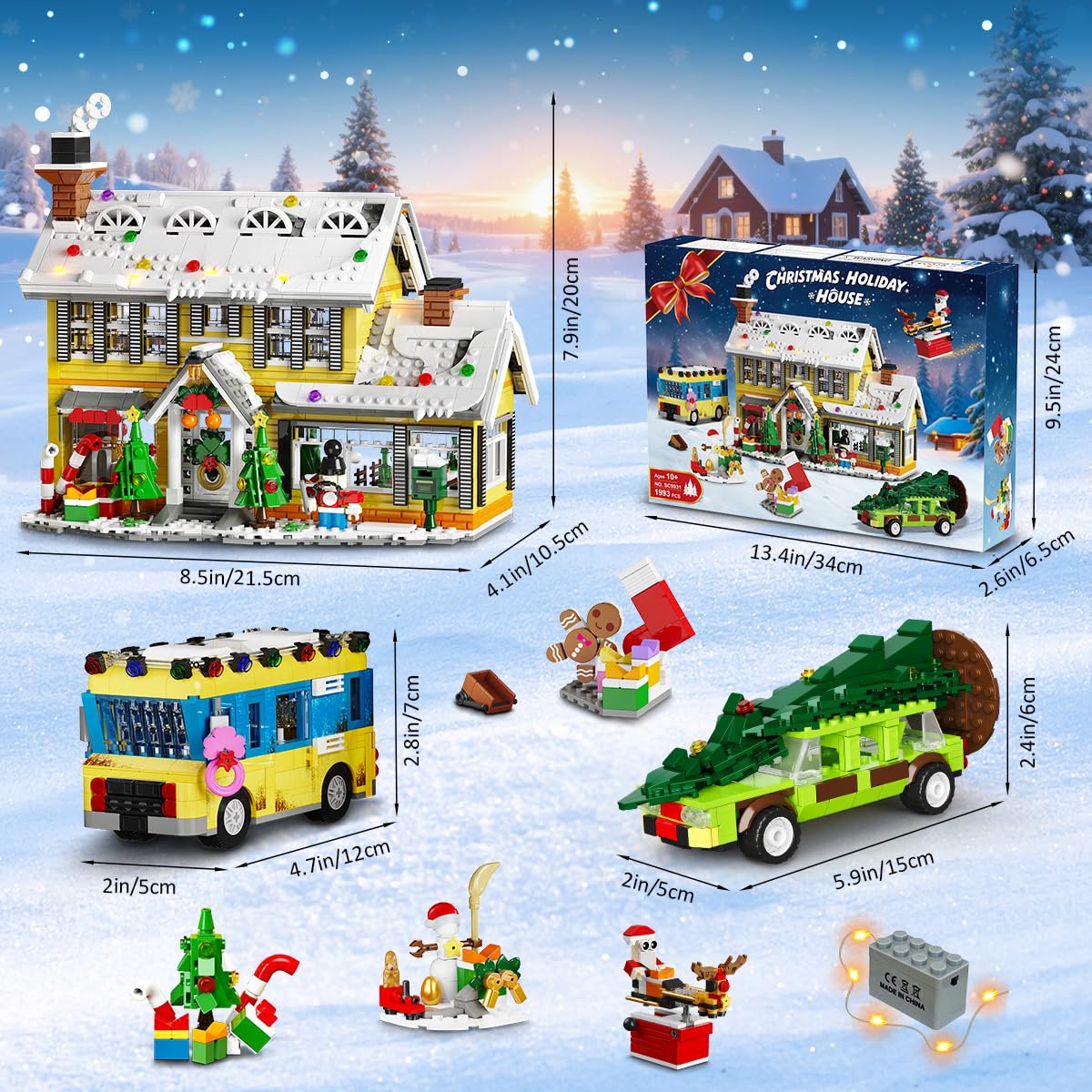 CUBIMANA 2025 Christmas Gingerbread House Village Building Set with Light - 1993PCS Holiday Snow Village Mini Building Blocks Toy with Bus & Pickup Truck Xmas Gifts for Adults Kids Boys Girls Age 12+ - Image 8