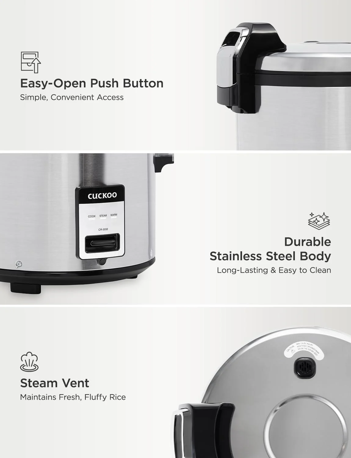 CUCKOO Commercial Rice Cooker & Warmer, Extra Large Rice Cooker 30-Cup Uncooked / 60-Cup Cooked, Professional Industrial Grain Cooker with Large Capacity, Easy One-Touch Operation, Silver (CR-3032) - Image 5