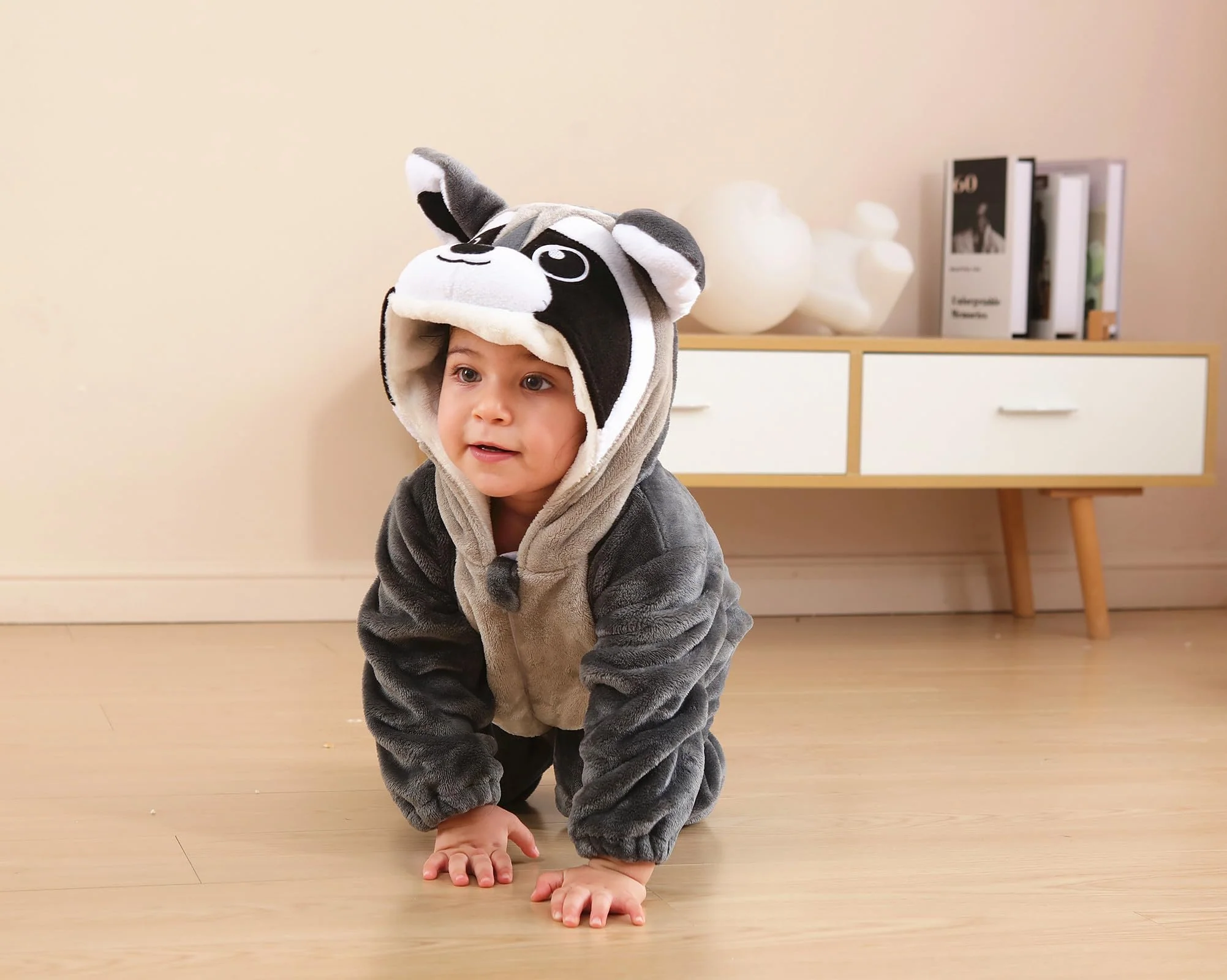 CuteOn Toddler Halloween Costume Onesie Cosplay Romper Christmas Infants Baby Costume Grey raccoon 12-18 Months - Image 3