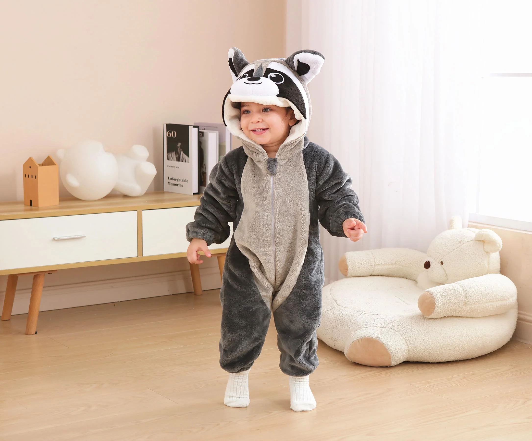 CuteOn Toddler Halloween Costume Onesie Cosplay Romper Christmas Infants Baby Costume Grey raccoon 12-18 Months - Image 4