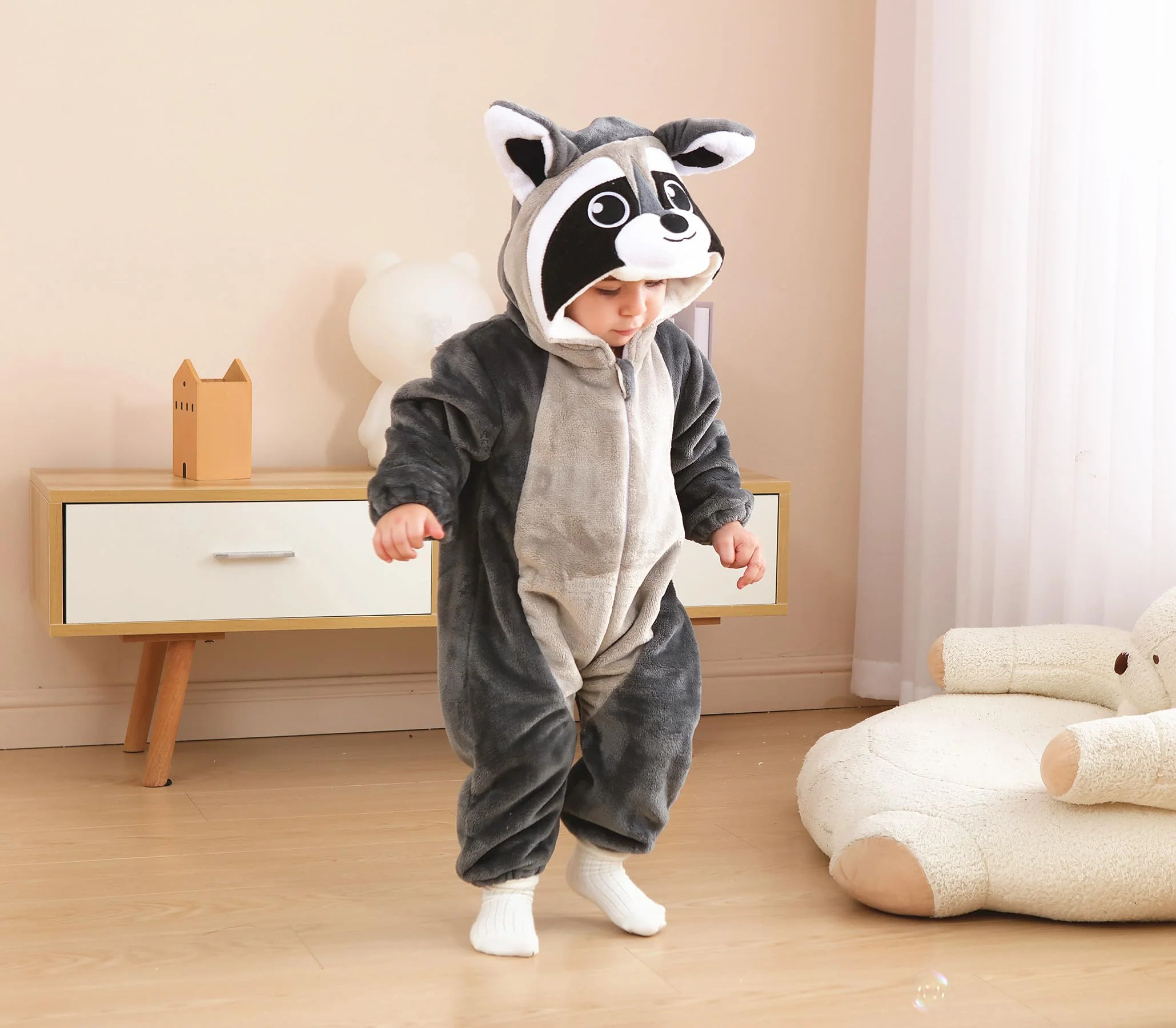 CuteOn Toddler Halloween Costume Onesie Cosplay Romper Christmas Infants Baby Costume Grey raccoon 12-18 Months - Image 5