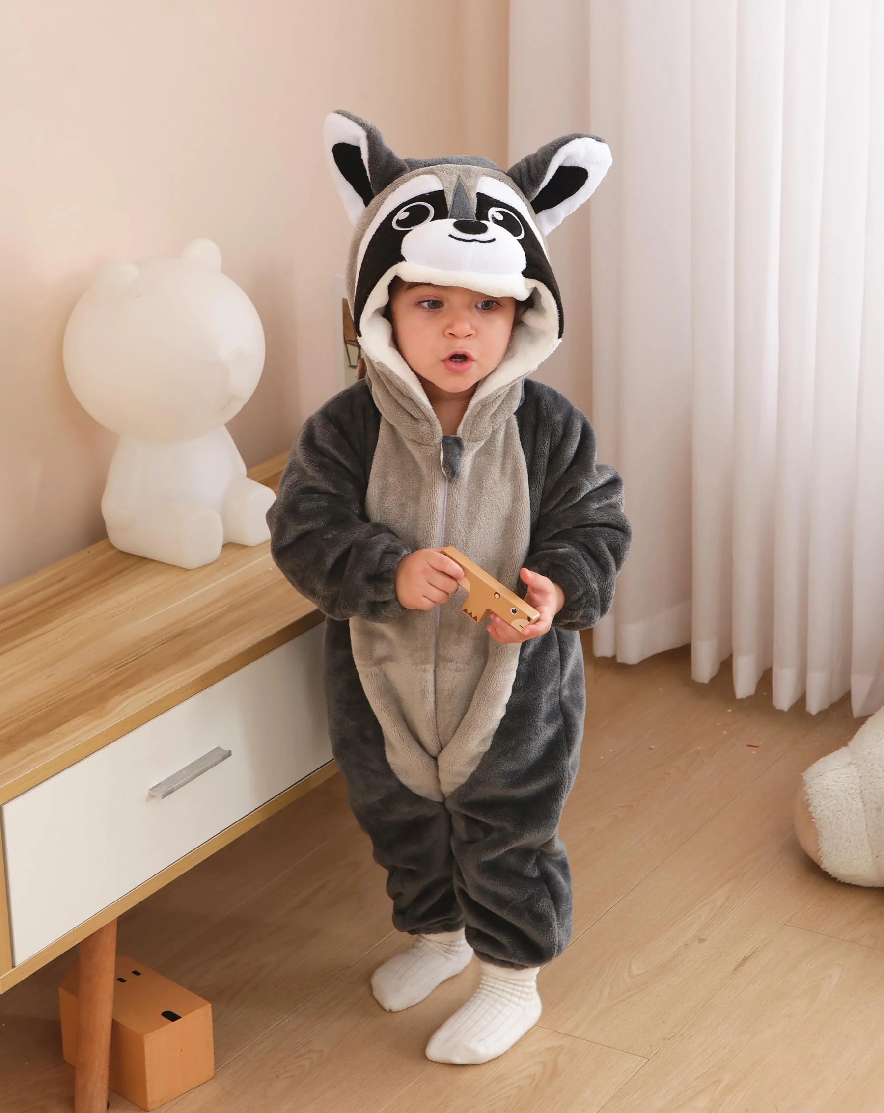 CuteOn Toddler Halloween Costume Onesie Cosplay Romper Christmas Infants Baby Costume Grey raccoon 12-18 Months - Image 7