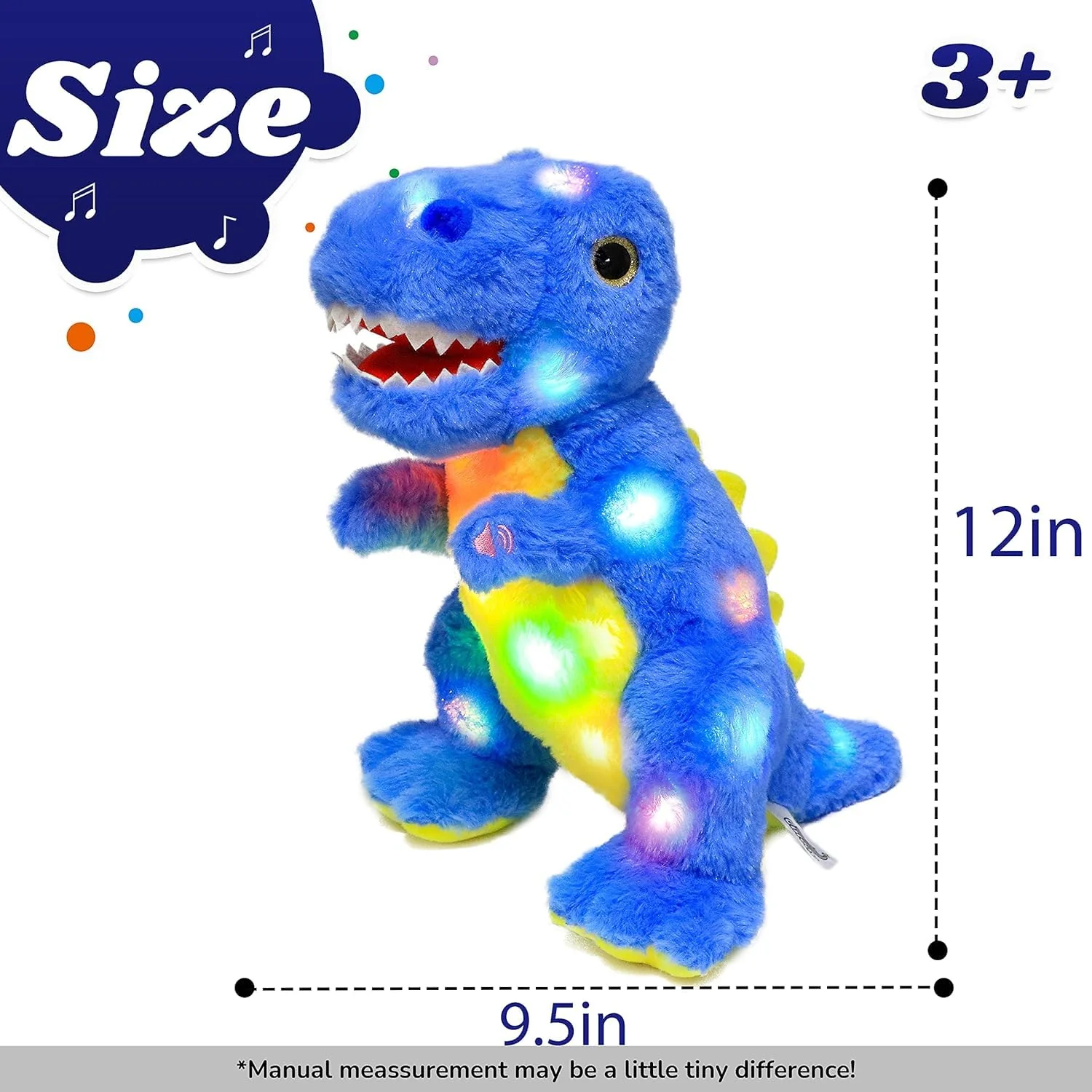 Cuteoy Light-up Singing Plush Blue Dinosaur LED Musical Stuffed Animal T-Rex Adjustable Volume Lullaby Plushies Birthday Christmas Toy Gifts for Kids Toddler Girls, 12" - Image 10