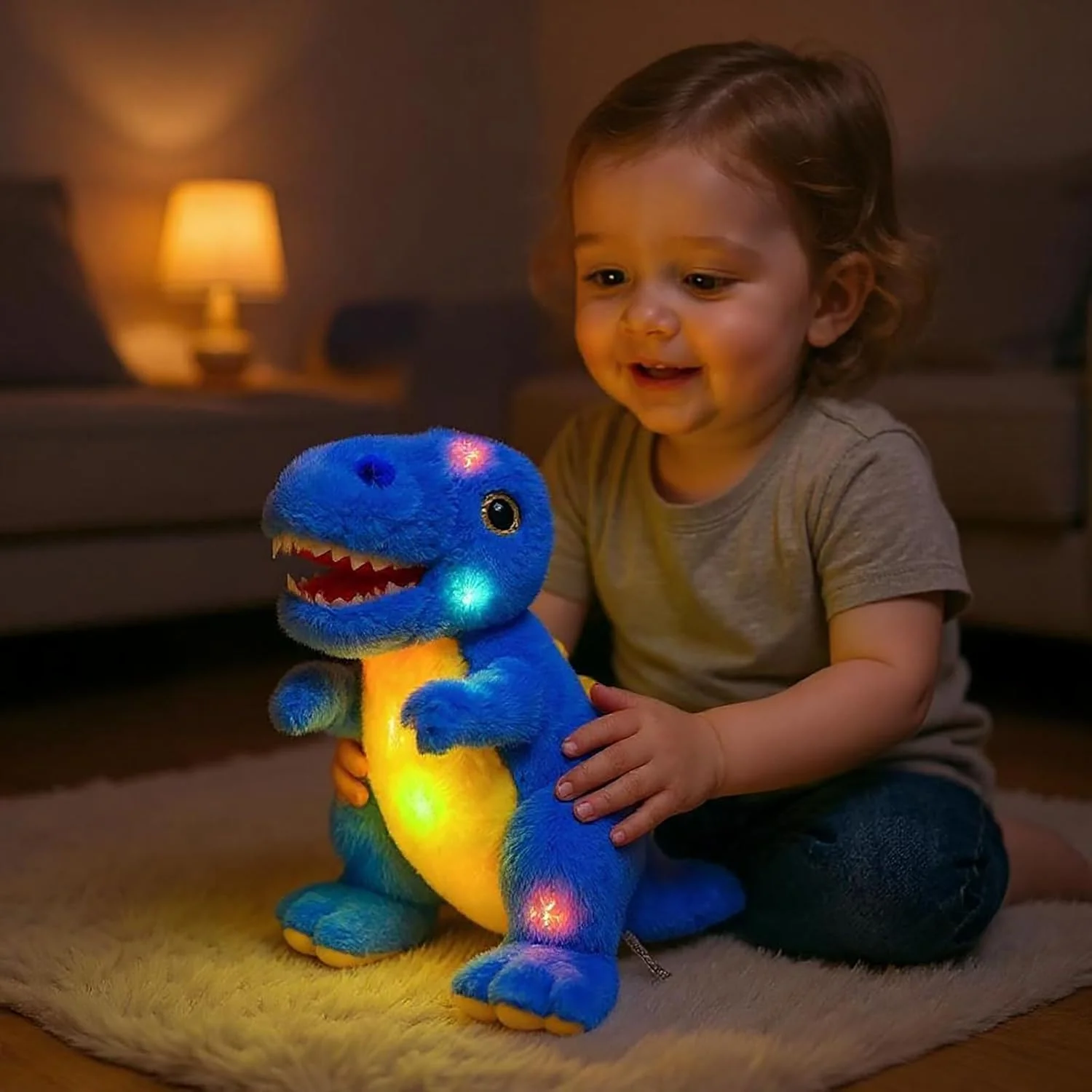 Cuteoy Light-up Singing Plush Blue Dinosaur LED Musical Stuffed Animal T-Rex Adjustable Volume Lullaby Plushies Birthday Christmas Toy Gifts for Kids Toddler Girls, 12" - Image 11