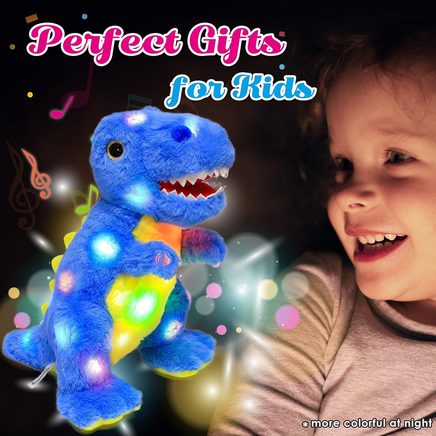 Cuteoy Light-up Singing Plush Blue Dinosaur LED Musical Stuffed Animal T-Rex Adjustable Volume Lullaby Plushies Birthday Christmas Toy Gifts for Kids Toddler Girls, 12" - Image 7