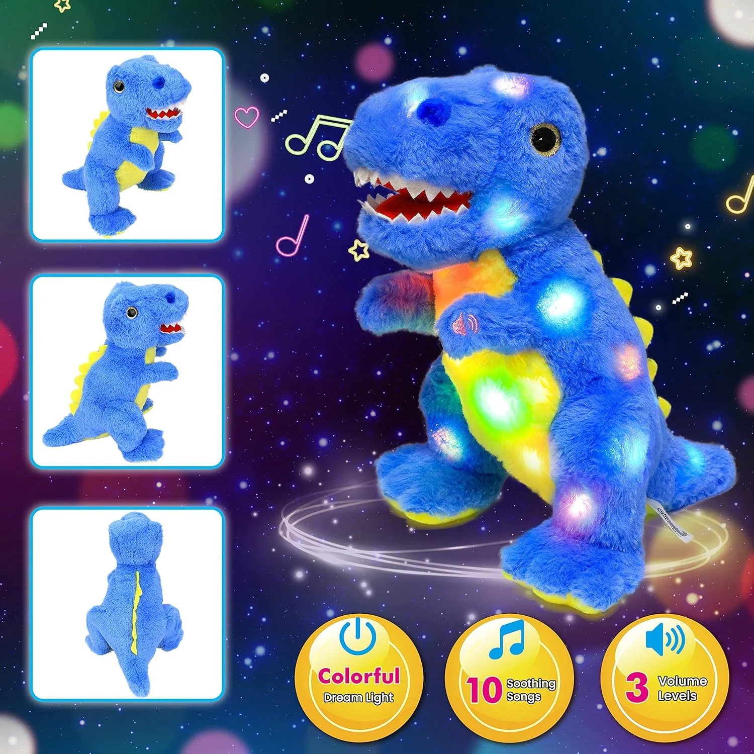 Cuteoy Light-up Singing Plush Blue Dinosaur LED Musical Stuffed Animal T-Rex Adjustable Volume Lullaby Plushies Birthday Christmas Toy Gifts for Kids Toddler Girls, 12" - Image 8