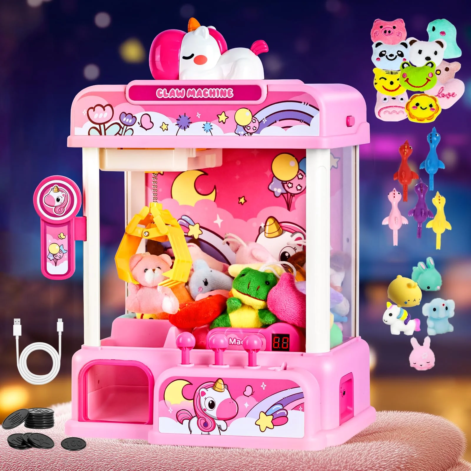 CWLAKON Claw Machine for Kids, Mini Vending Machine Girls Unicorn Toys with Sound & 20 Mini Toys, Candy Grabber Prize Dispenser Machine Electronic Arcade Games, Christmas Birthday Gifts, Pink - Image 3