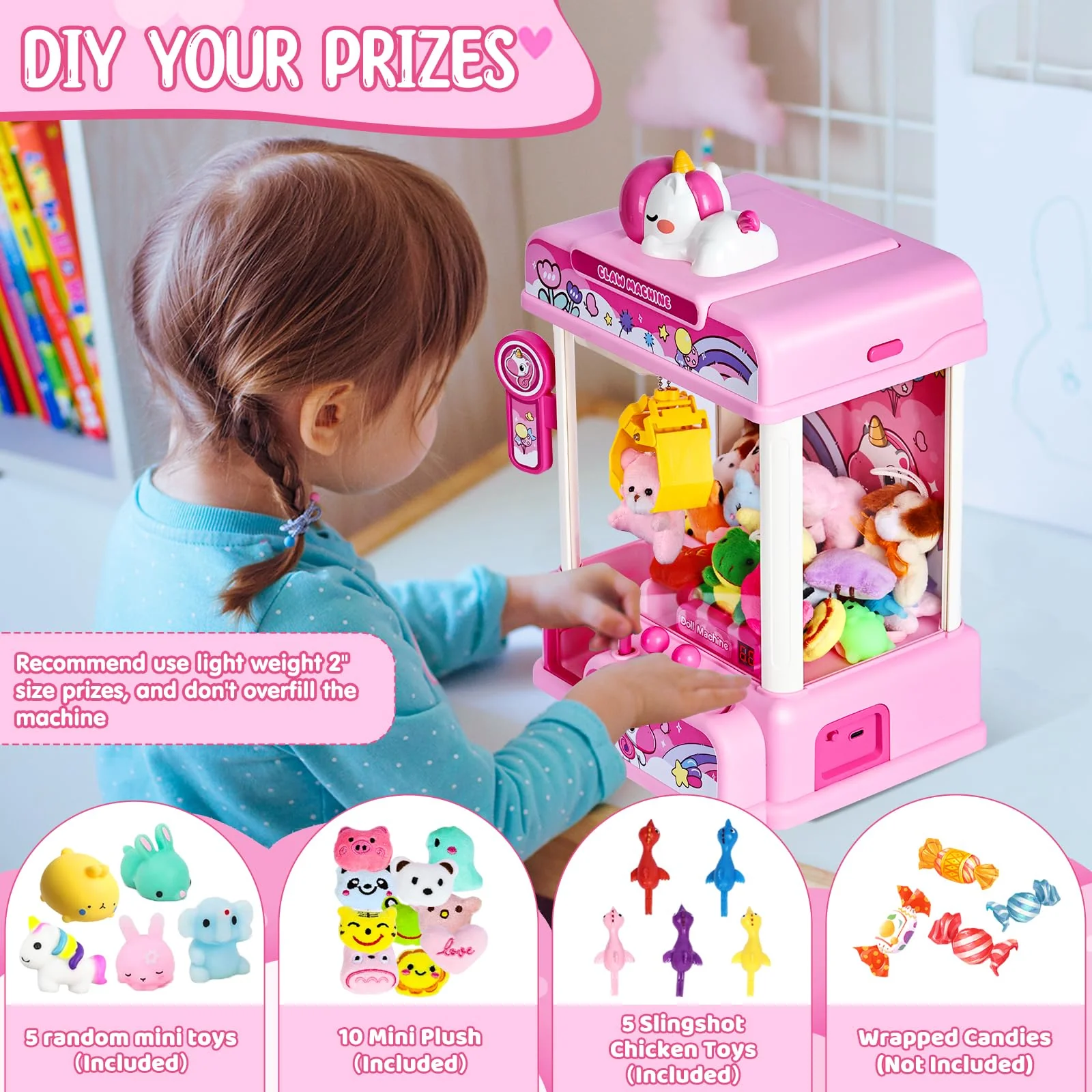 CWLAKON Claw Machine for Kids, Mini Vending Machine Girls Unicorn Toys with Sound & 20 Mini Toys, Candy Grabber Prize Dispenser Machine Electronic Arcade Games, Christmas Birthday Gifts, Pink - Image 5
