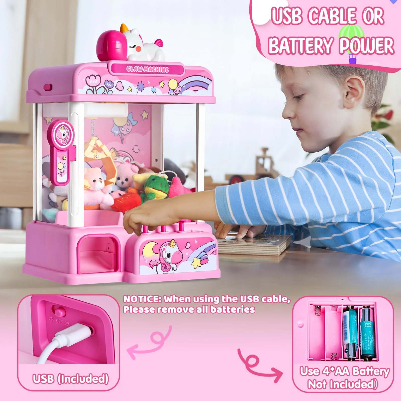 CWLAKON Claw Machine for Kids, Mini Vending Machine Girls Unicorn Toys with Sound & 20 Mini Toys, Candy Grabber Prize Dispenser Machine Electronic Arcade Games, Christmas Birthday Gifts, Pink - Image 6