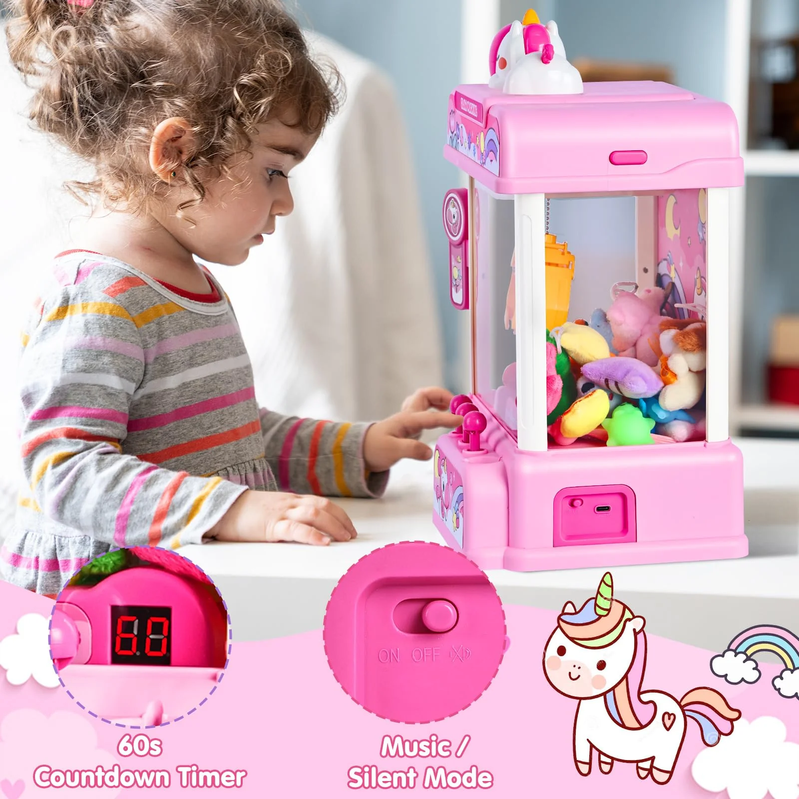 CWLAKON Claw Machine for Kids, Mini Vending Machine Girls Unicorn Toys with Sound & 20 Mini Toys, Candy Grabber Prize Dispenser Machine Electronic Arcade Games, Christmas Birthday Gifts, Pink - Image 7