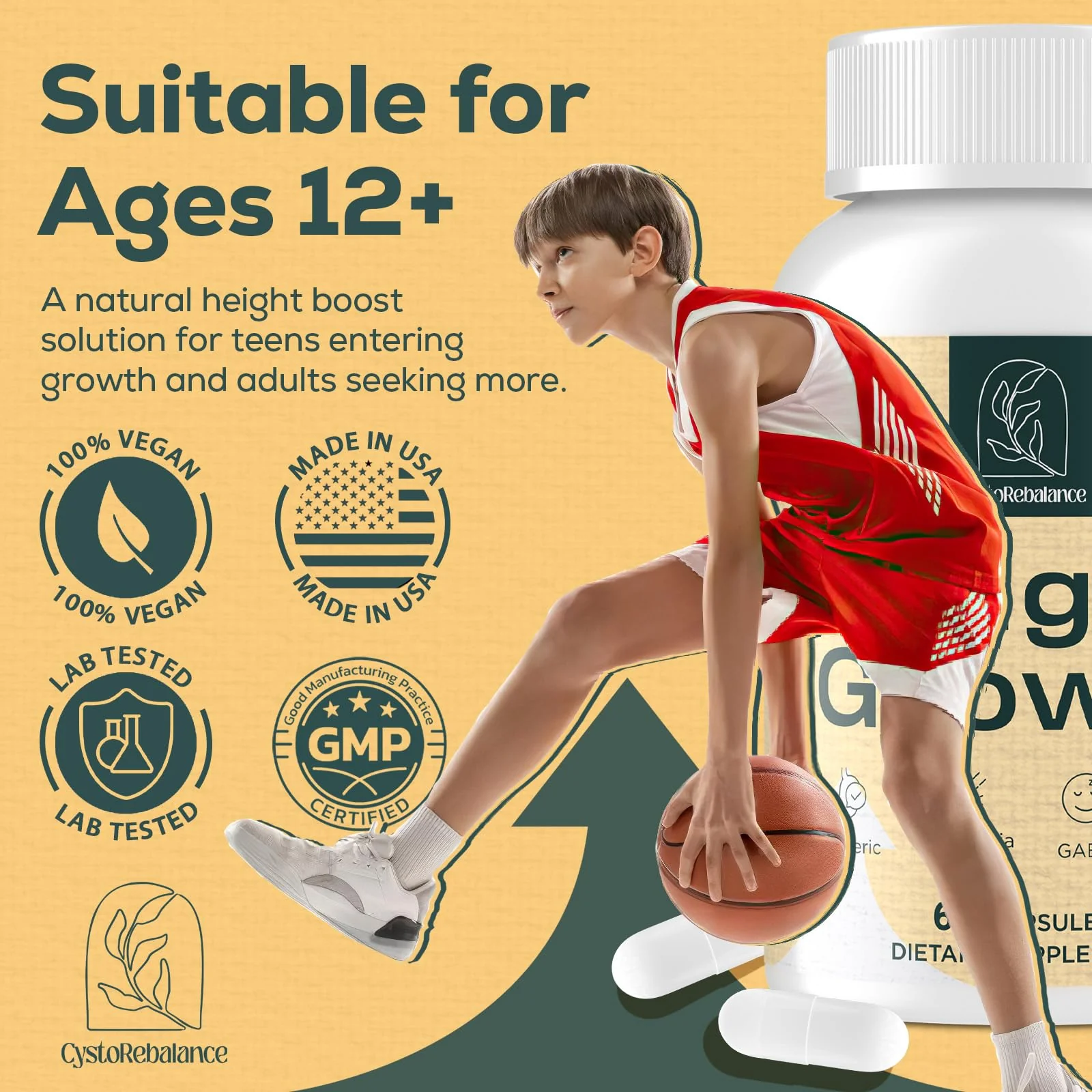 CystoRebalance 25-in 1 Bone Strength Supplement - for Natural Growth, Digestion and Stress - High Absorption - Calcium, Magnesium, Zinc, Ashwaganda and Multivitamins for Age 12+ | 60 Caps - Image 3