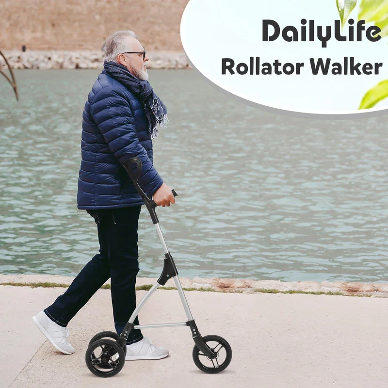 DAILYLIFE Rollator Walker for Seniors & Caregivers - Steerable Cane with 7.5" Wheels, Adjustable Height, Folding Design, Lightweight Aluminum Frame - White - Image 3