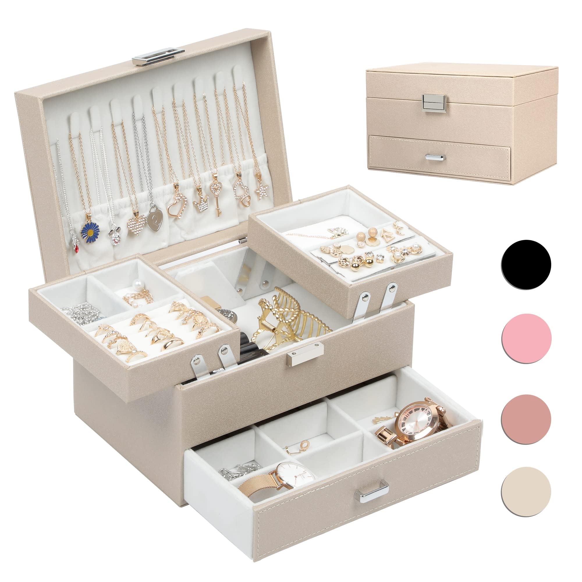 Dajasan Jewelry Box Organizer, Jewelry Boxes for Women Girls, 3 Layers Jewelry Gift Box for Christmas, Valentine's Day, Birthday, Mother's Day (Champagne)