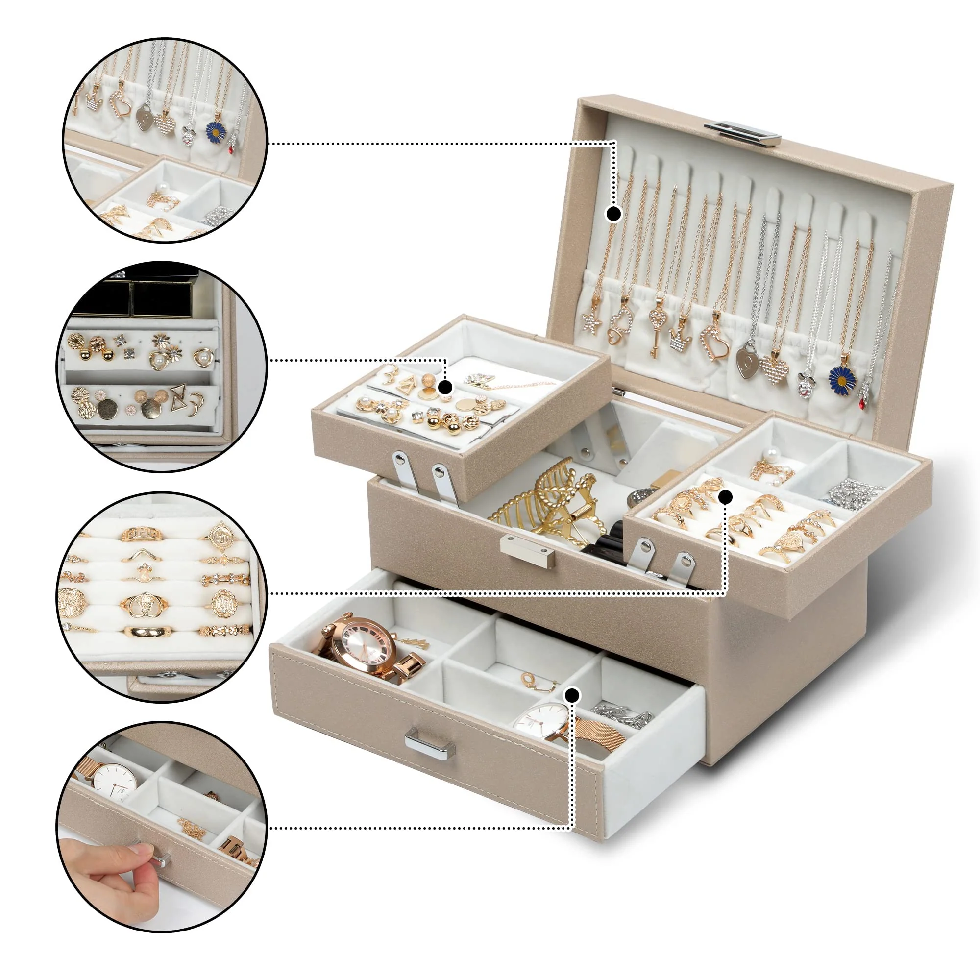 Dajasan Jewelry Box Organizer, Jewelry Boxes for Women Girls, 3 Layers Jewelry Gift Box for Christmas, Valentine's Day, Birthday, Mother's Day (Champagne) - Image 6
