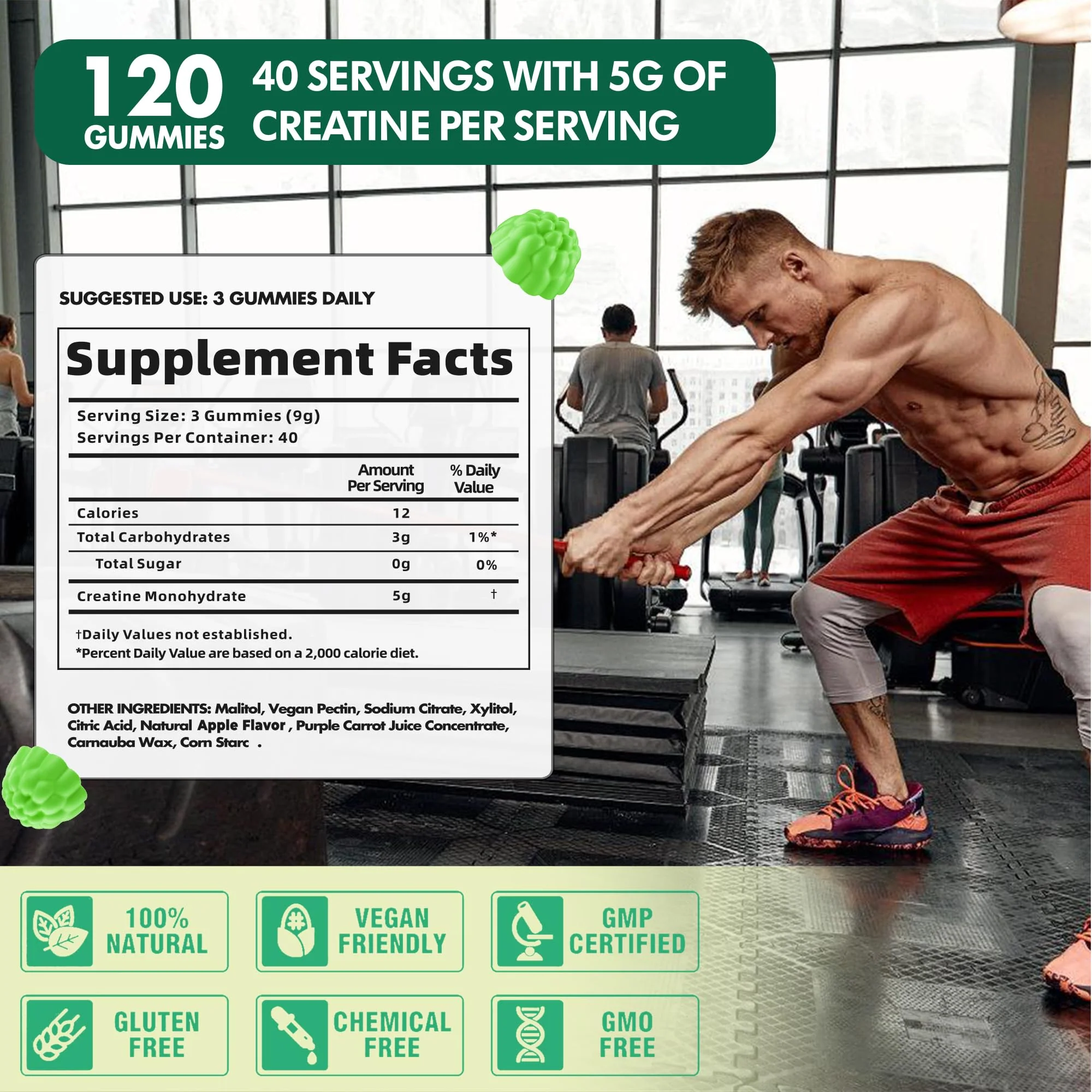 DANEW Pro Creatine Monohydrate Gummies 5000mg for Men & Women, Creatine Monohydrate for Muscle Strength, Muscle Builder, Energy Boost, Pre-Workout Supplement(120 Count)-Apple Flavor - Image 4