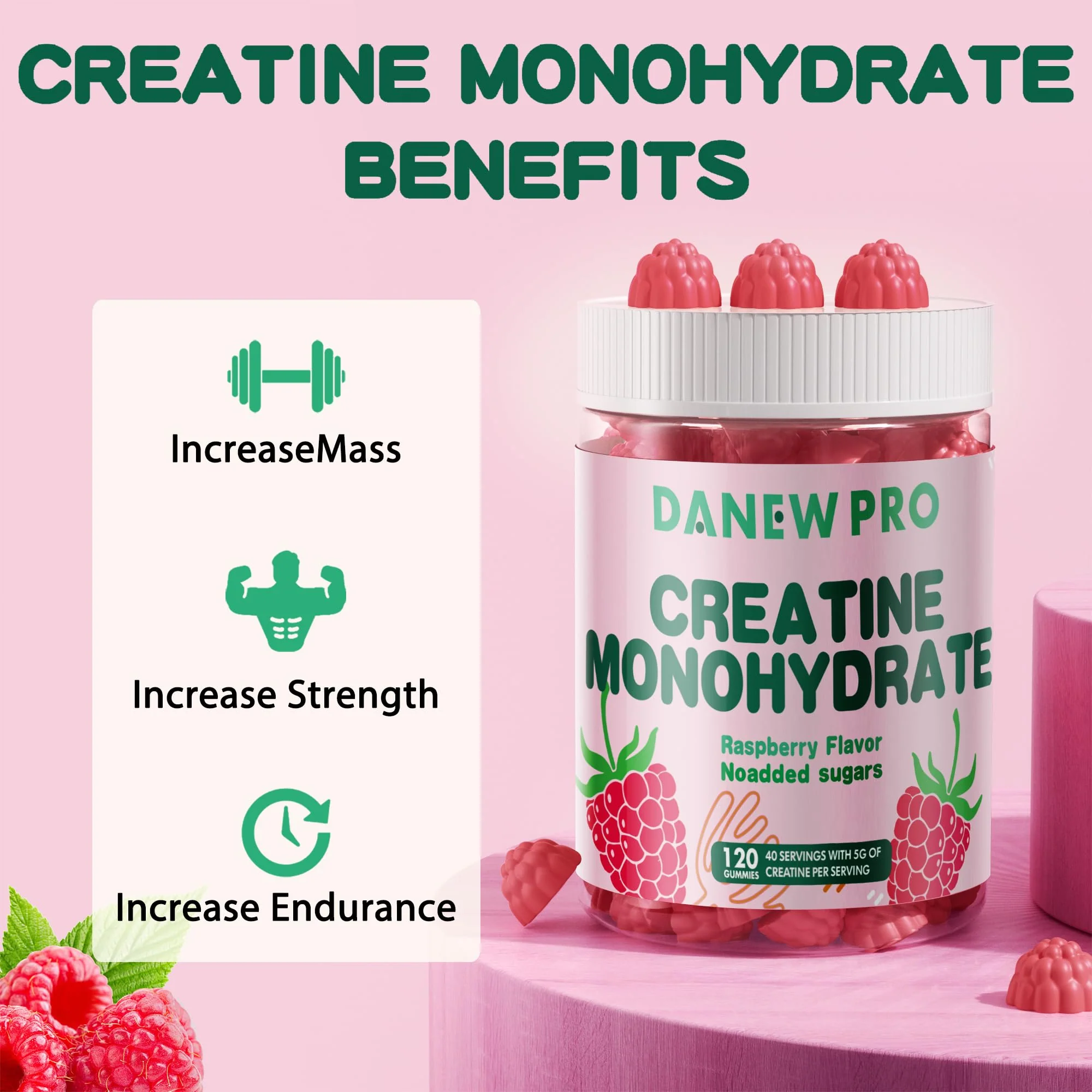DANEW Pro Creatine Monohydrate Gummies for Men & Women-5g of Creatine Monohydrate per Serving - Sugar Free,Vegan, Raspberry Flavor, 120 Count - Image 6