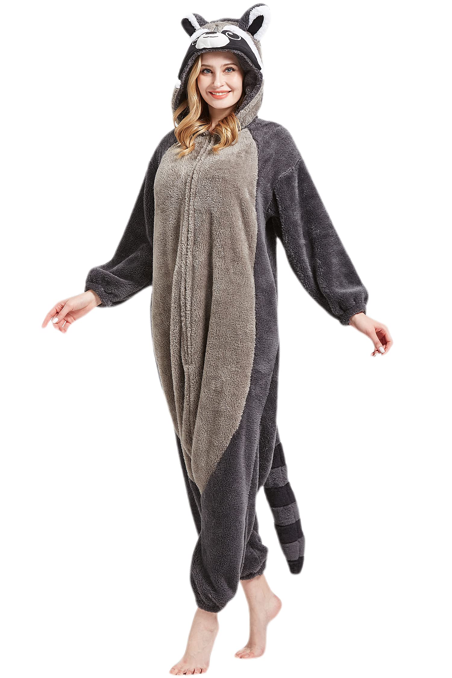 DarkCom Onesie Christmas Pajamas Adult Animal Halloween Costume Cosplay Gray Raccoon One Piece Unisex Homewear Polar Fleece Sleepwear X-Large - Image 6