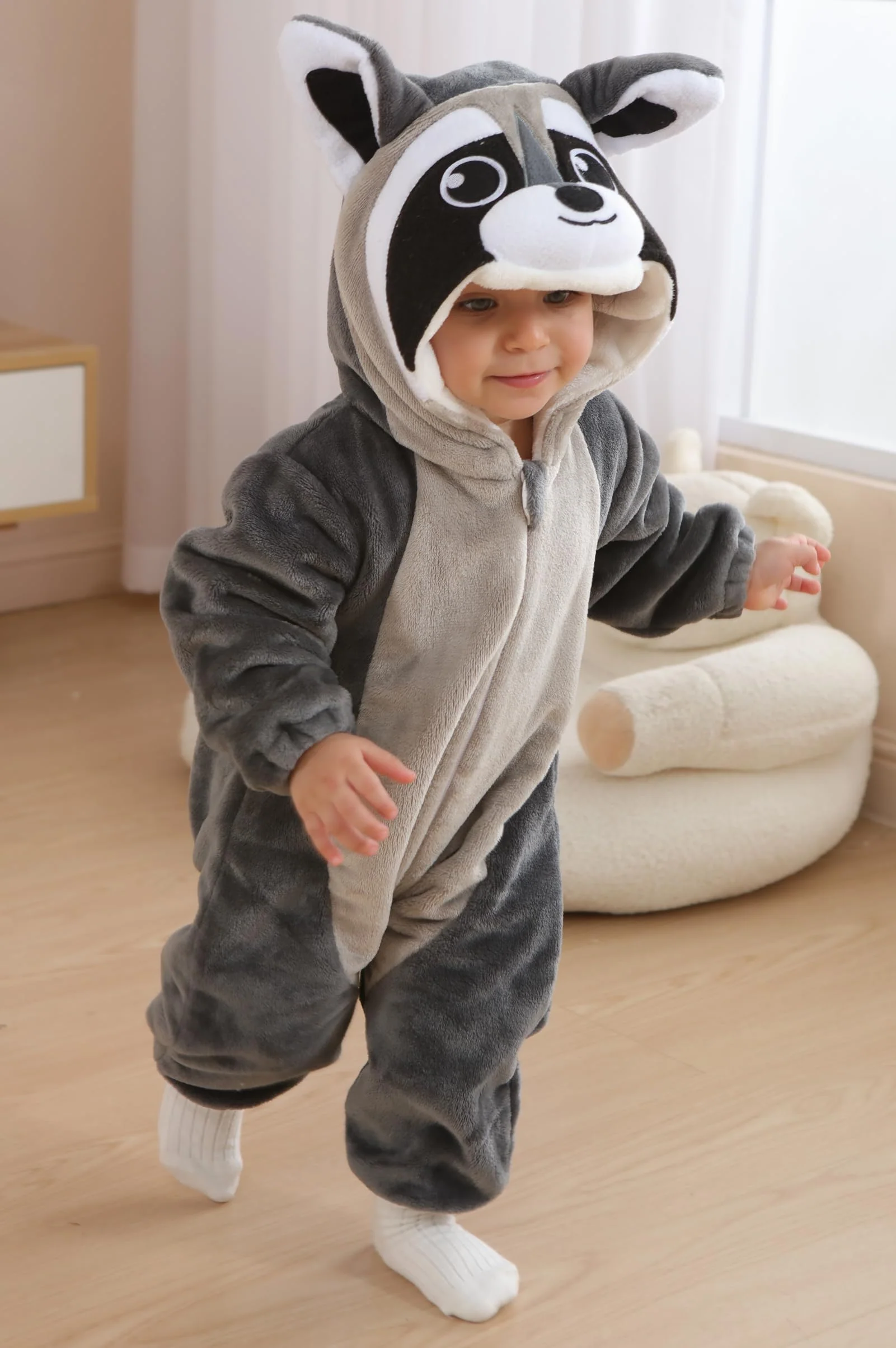 DarkCom Unisex Baby Animal Onesie Toddler Hooded Romper Halloween Cosplay Grey Raccoon Costumes Kids' Christmas Gifts 6-12 Months - Image 4
